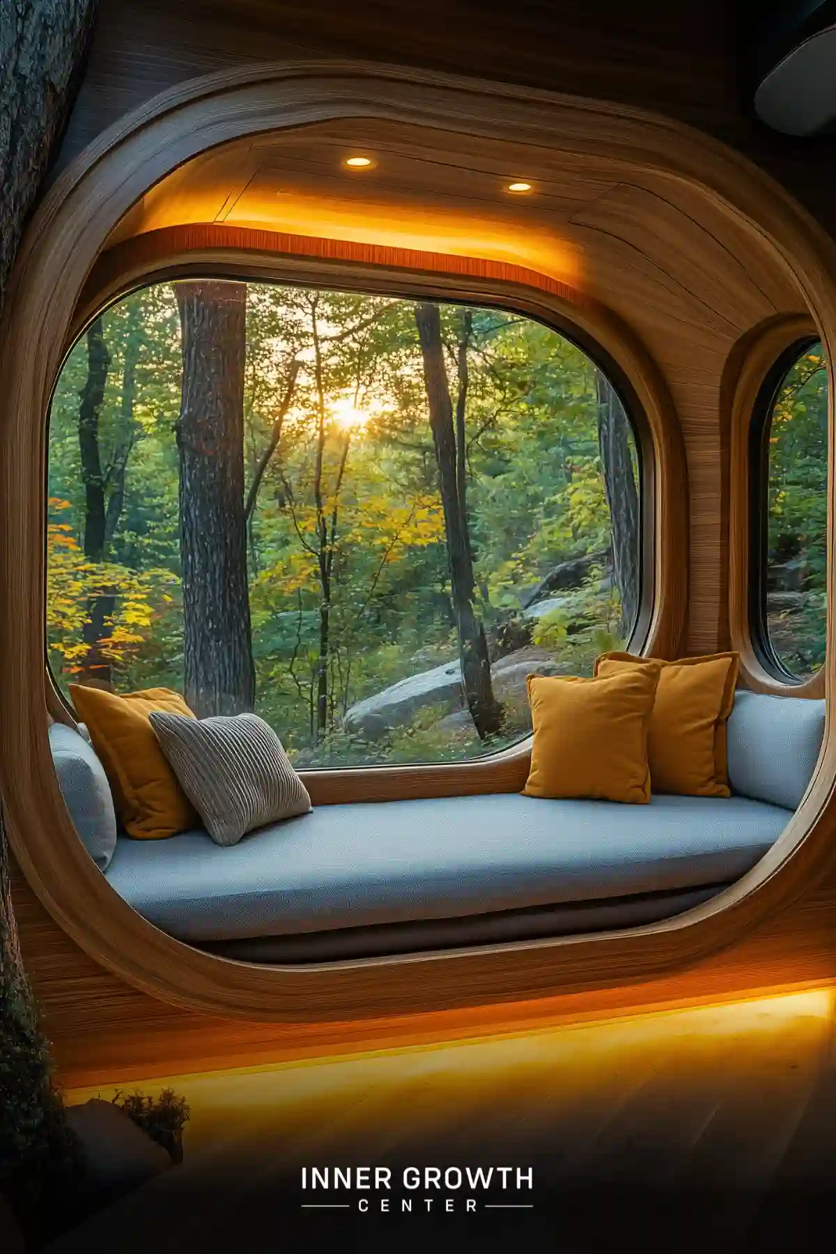 A compact meditation corner featuring a curved wooden pod with panoramic forest views, cushioned bench seating, and ambient lighting designed for small spaces.