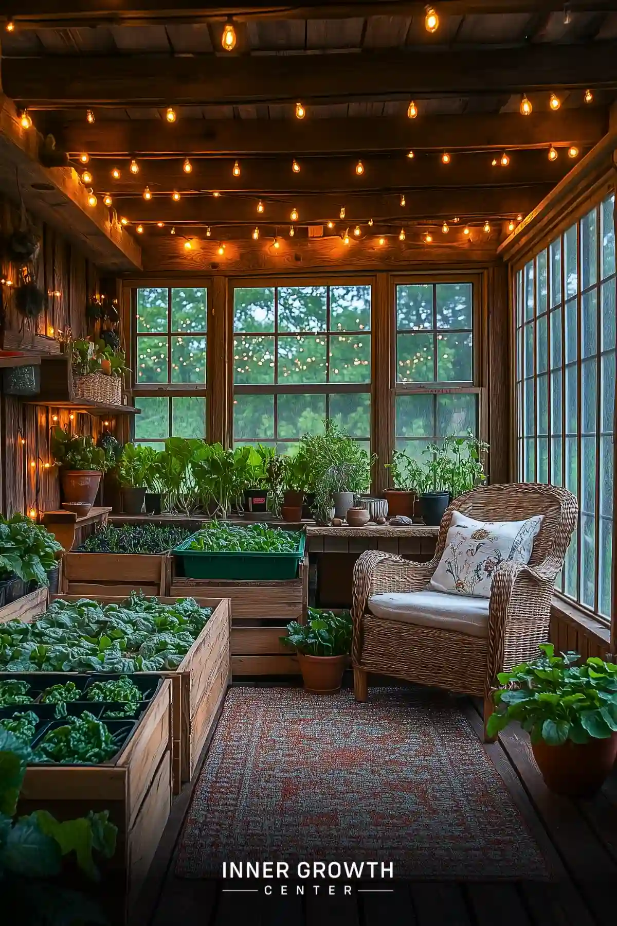 A wooden sunroom with string lights features raised garden beds, potted herbs, and a comfortable wicker chair creating an indoor growing sanctuary.