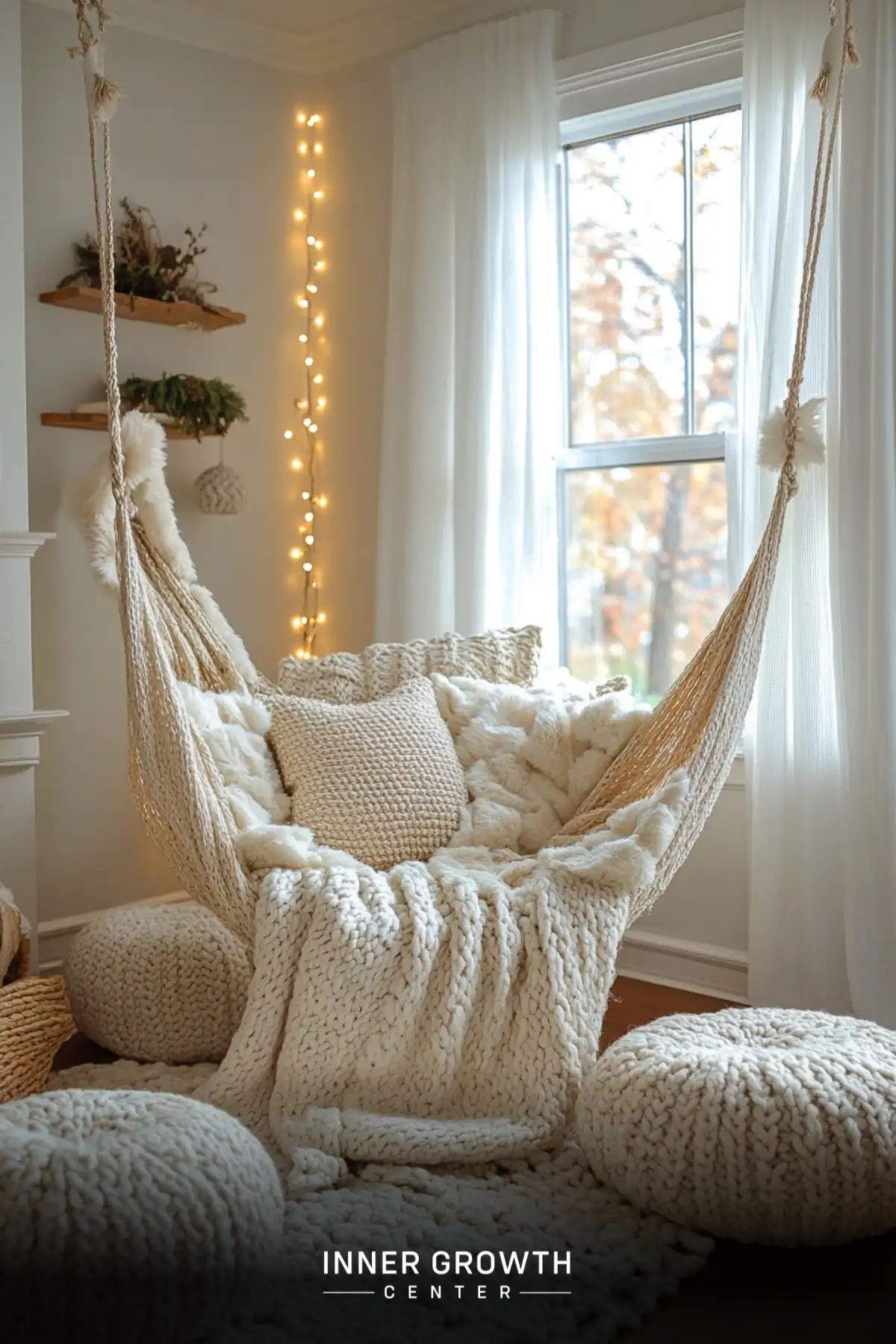 A white macrame hammock filled with chunky knit pillows and blankets hangs by a window with string lights and knit poufs below