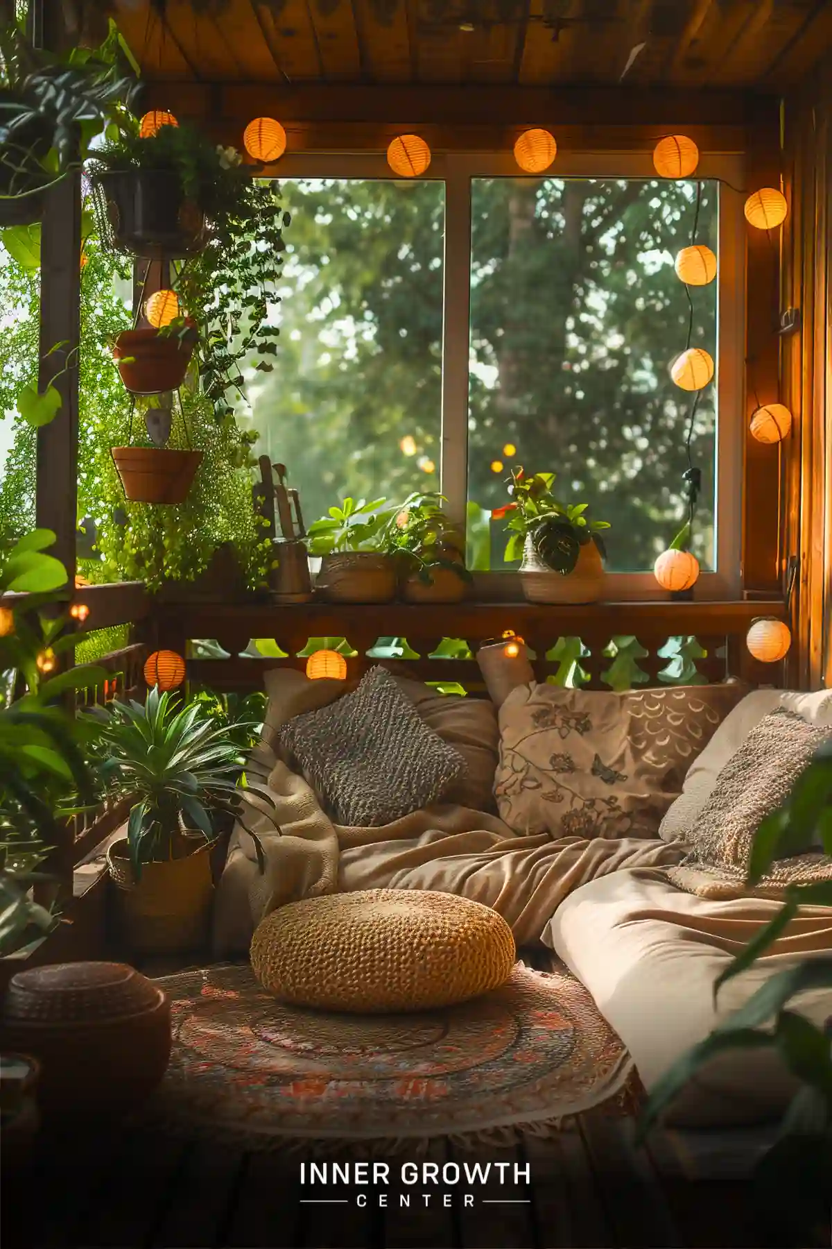 A sunlit sunroom filled with plants, lanterns, and comfortable seating creates a serene meditation space.