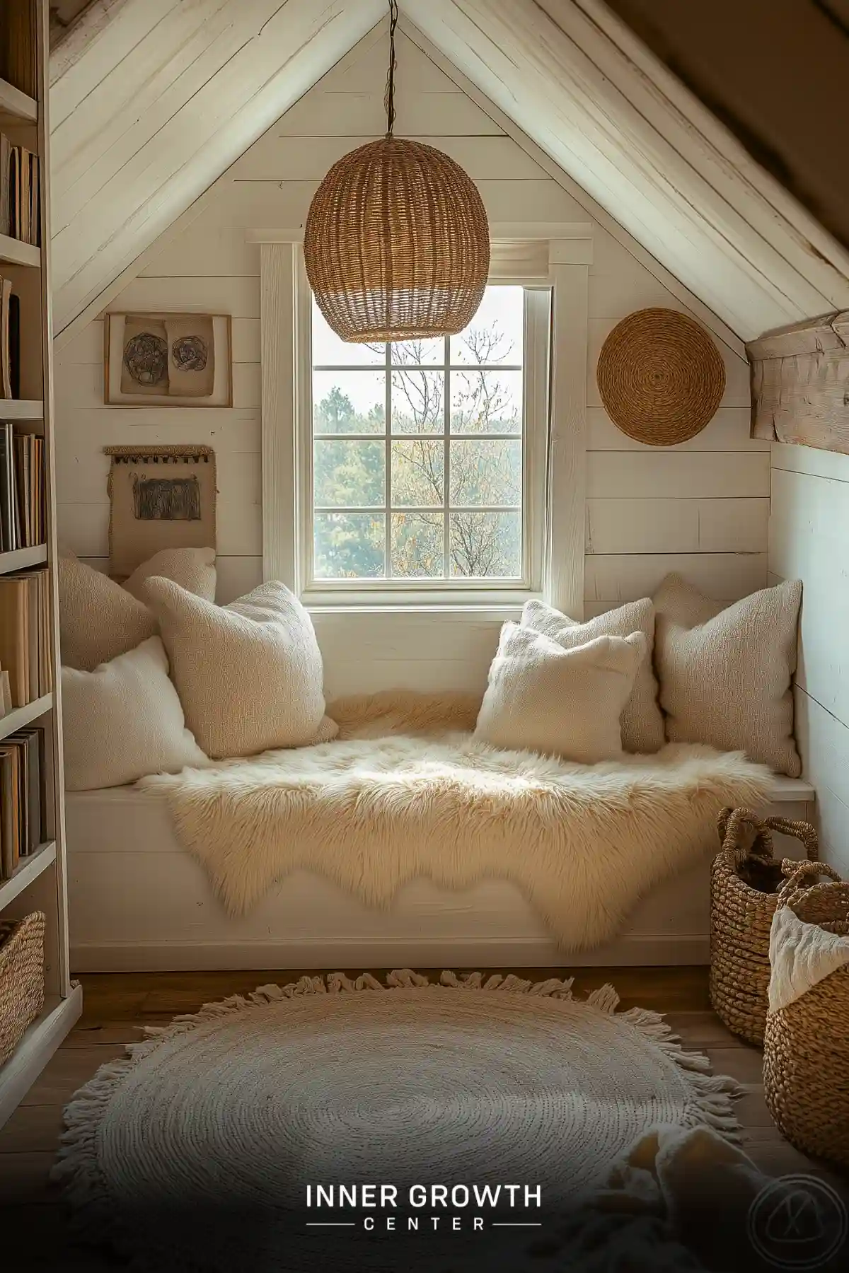 White window seat in attic space decorated with faux fur throw, natural woven pendant light, round rug, and built-in bookshelves.