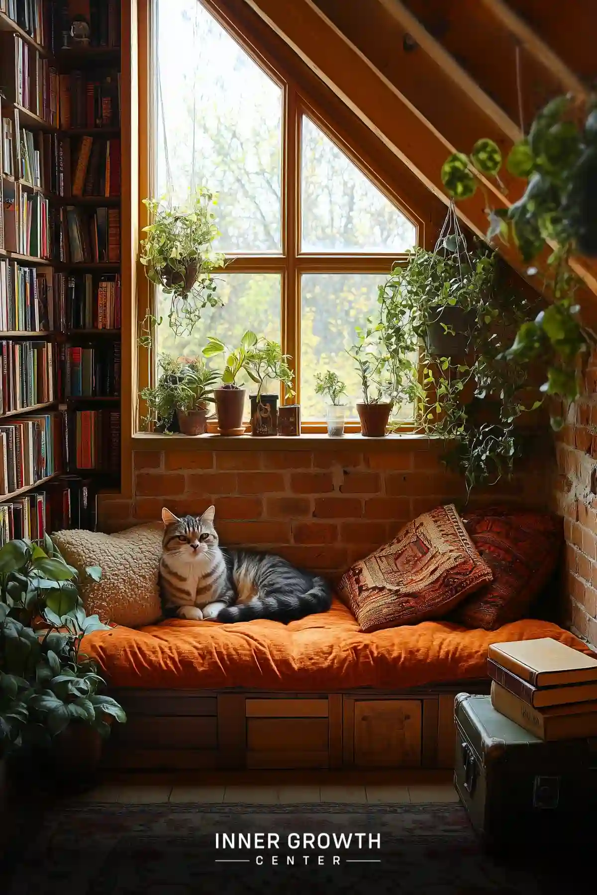 Sunlit reading nook with bookshelves, plants, and a cat resting on a cushioned bench.