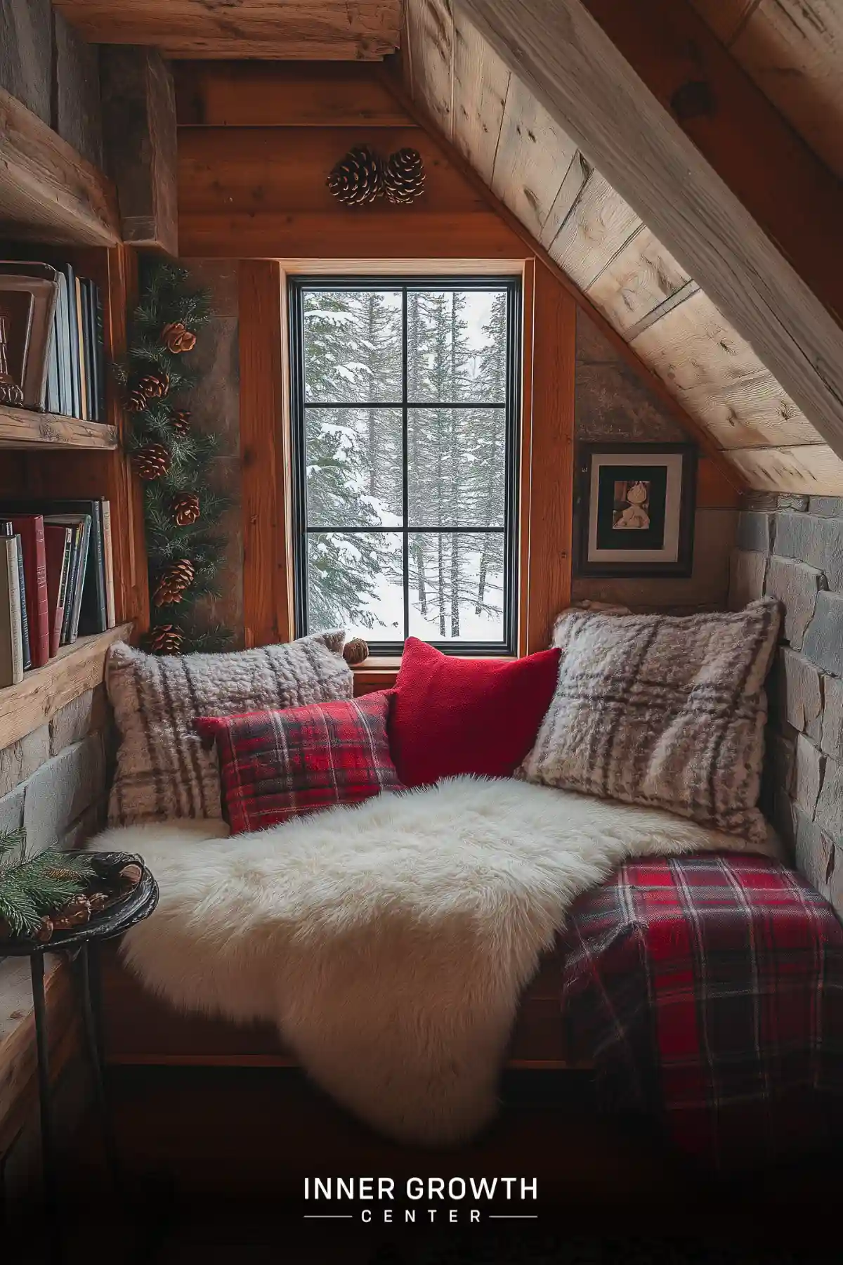 A snug reading nook in a wooden cabin with a window overlooking snow-covered pine trees.