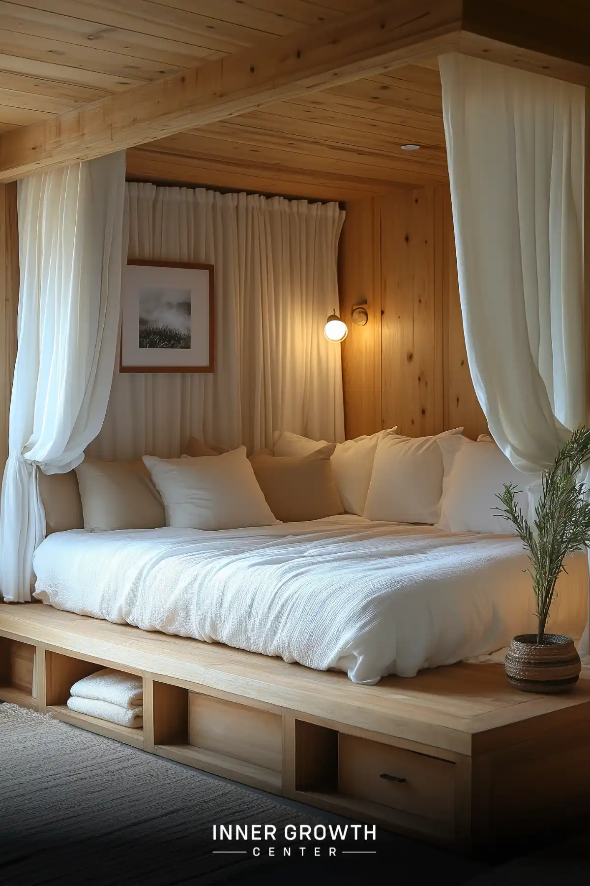 A serene bedroom alcove with wooden walls, white curtains, and a large cushioned bed platform.