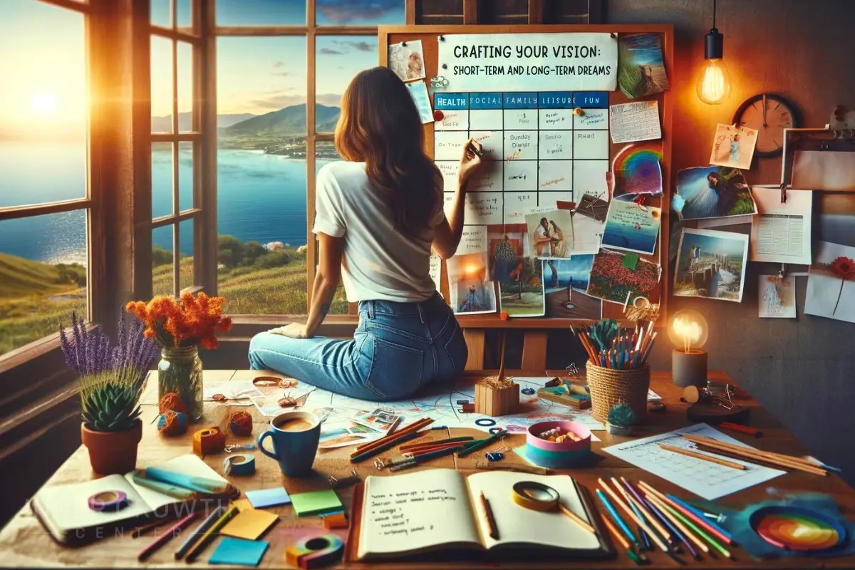 A woman crafts her short and long term vision by writing on a board, with a view out the window.