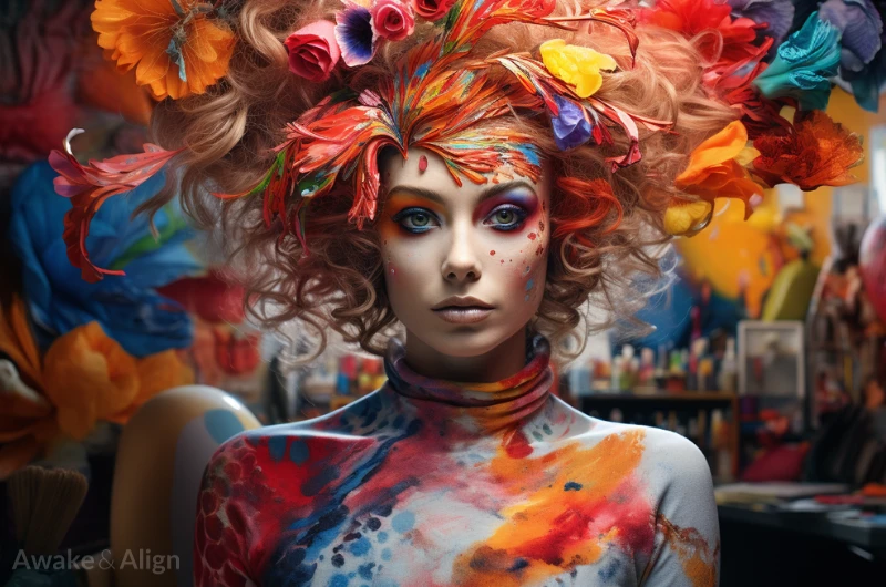 A creative and colourful woman with flowers and paint.