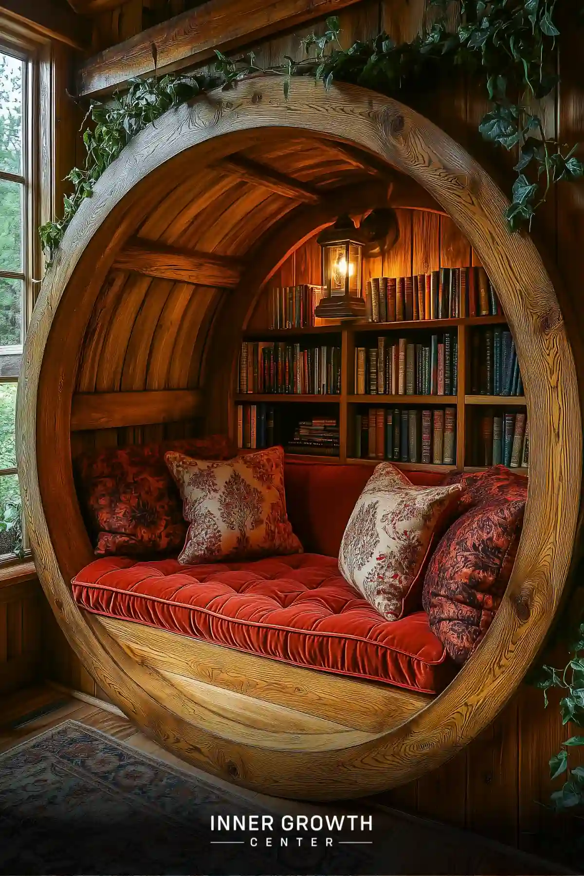 A circular wooden alcove features tufted red velvet cushioning, decorative damask pillows, built-in bookshelves, and a vintage-style lantern beside rows of antique books.