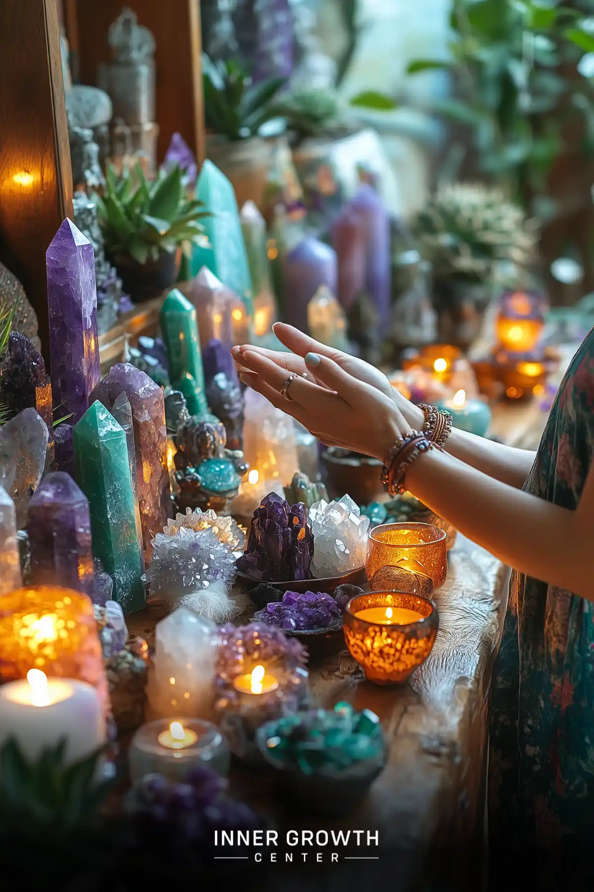 A hand reaches out over an illuminated altar adorned with various crystals, candles, and spiritual objects for a cleansing ritual.