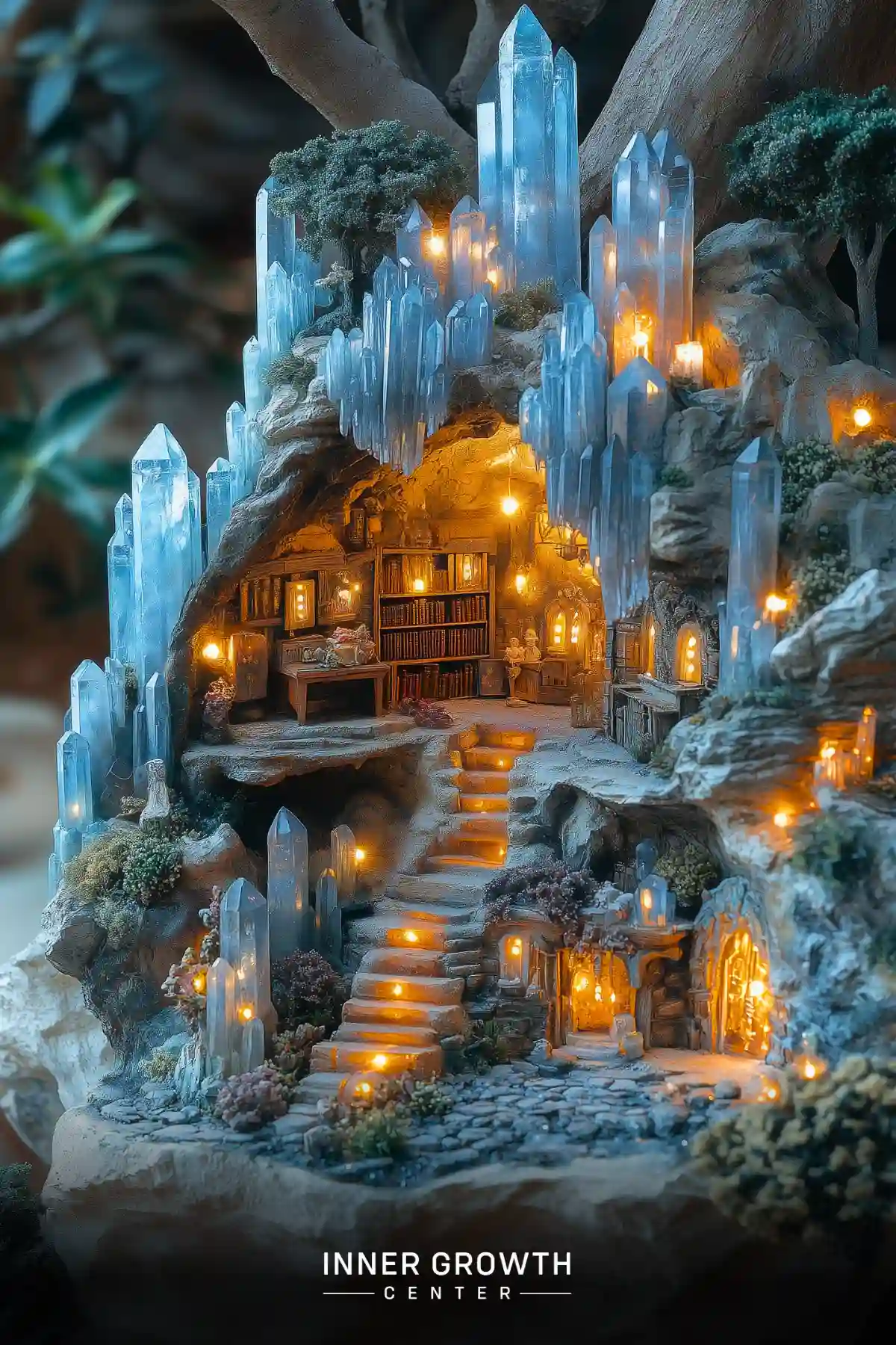 A miniature illuminated library carved into a cave, surrounded by blue crystals and lit by tiny lanterns along winding stone steps.