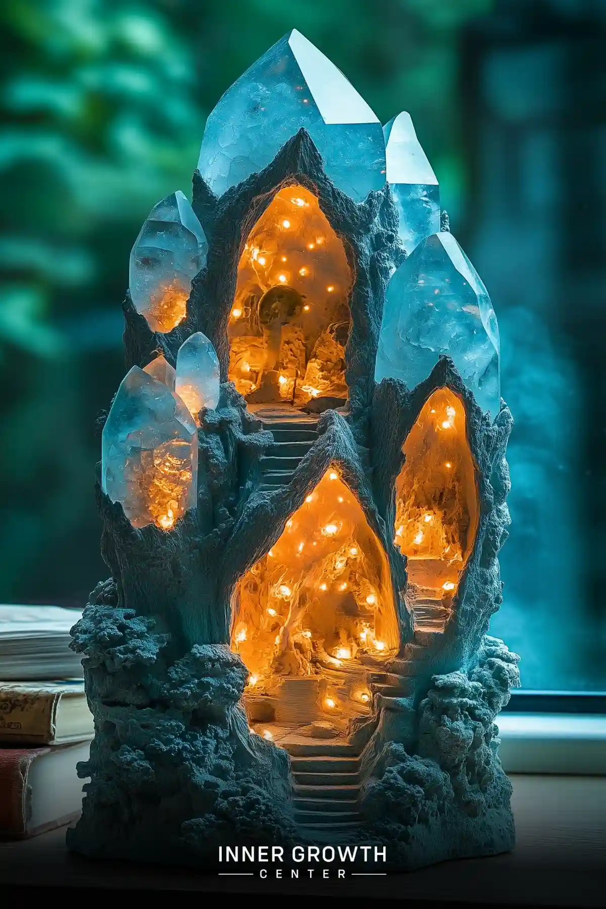 An illuminated miniature crystal formation with glowing amber caverns connected by stone staircases, creating a mystical temple-like structure.