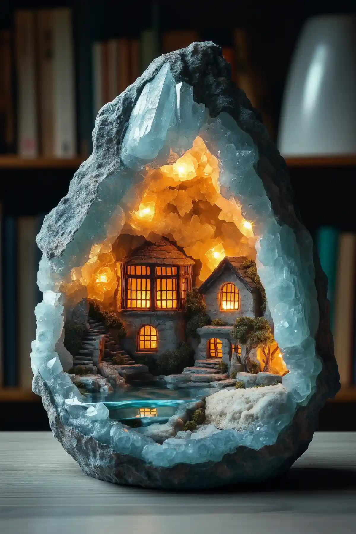 A miniature stone cottage with glowing windows nestled inside a geode, featuring stepped pathways and a reflective pool surrounded by blue crystal walls.