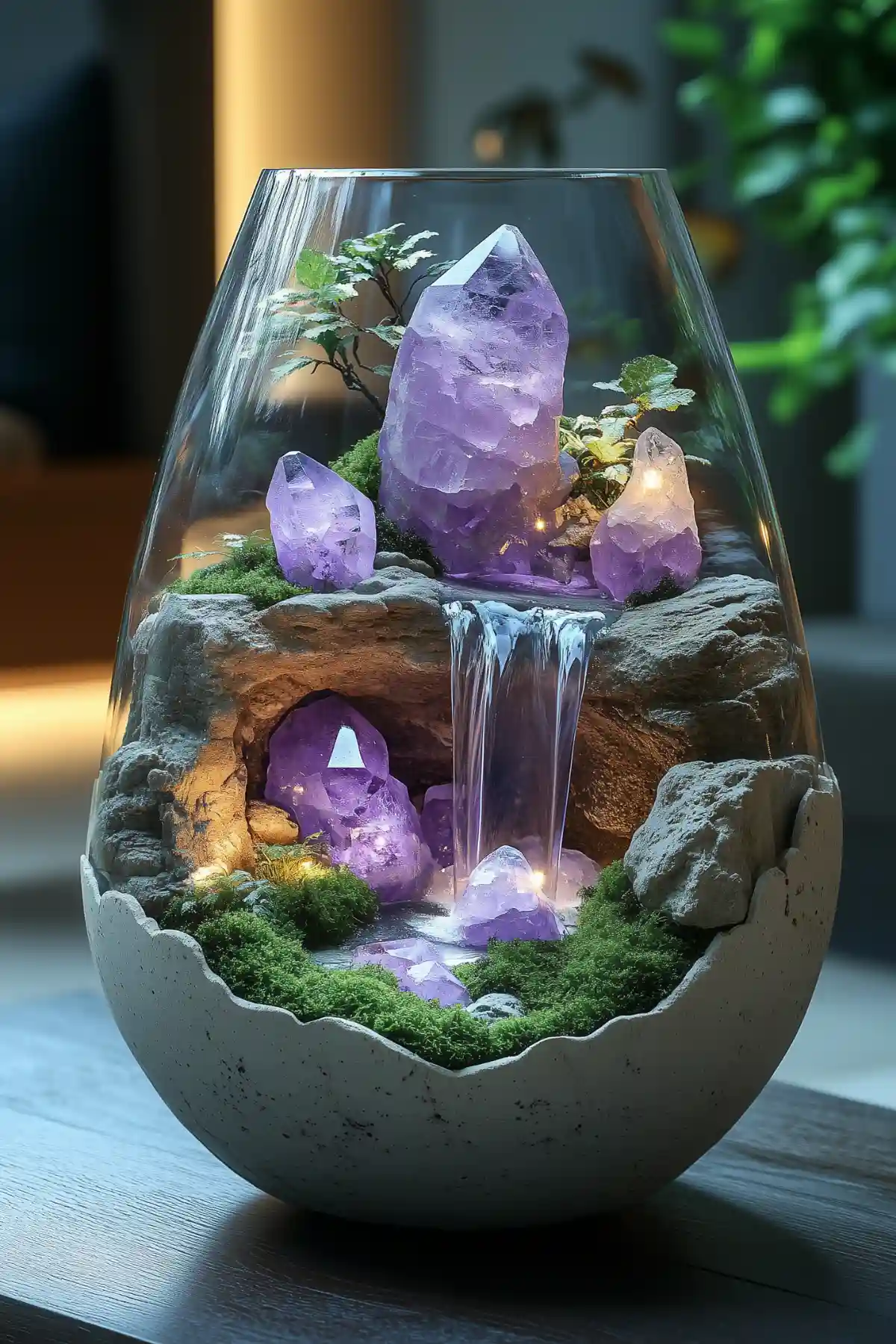 A glass terrarium featuring illuminated amethyst crystals, a miniature waterfall, and moss surrounding a rocky cave formation.