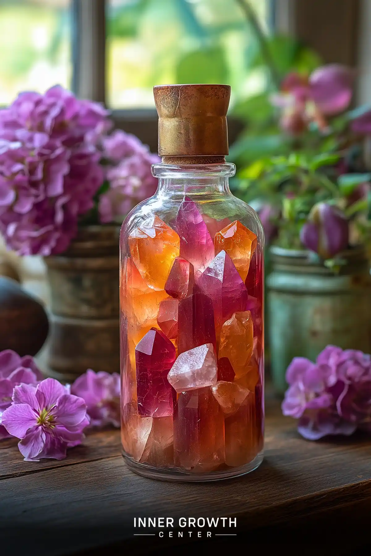 A glass bottle filled with pink and orange crystals is surrounded by pink flowers, creating a romantic energy display