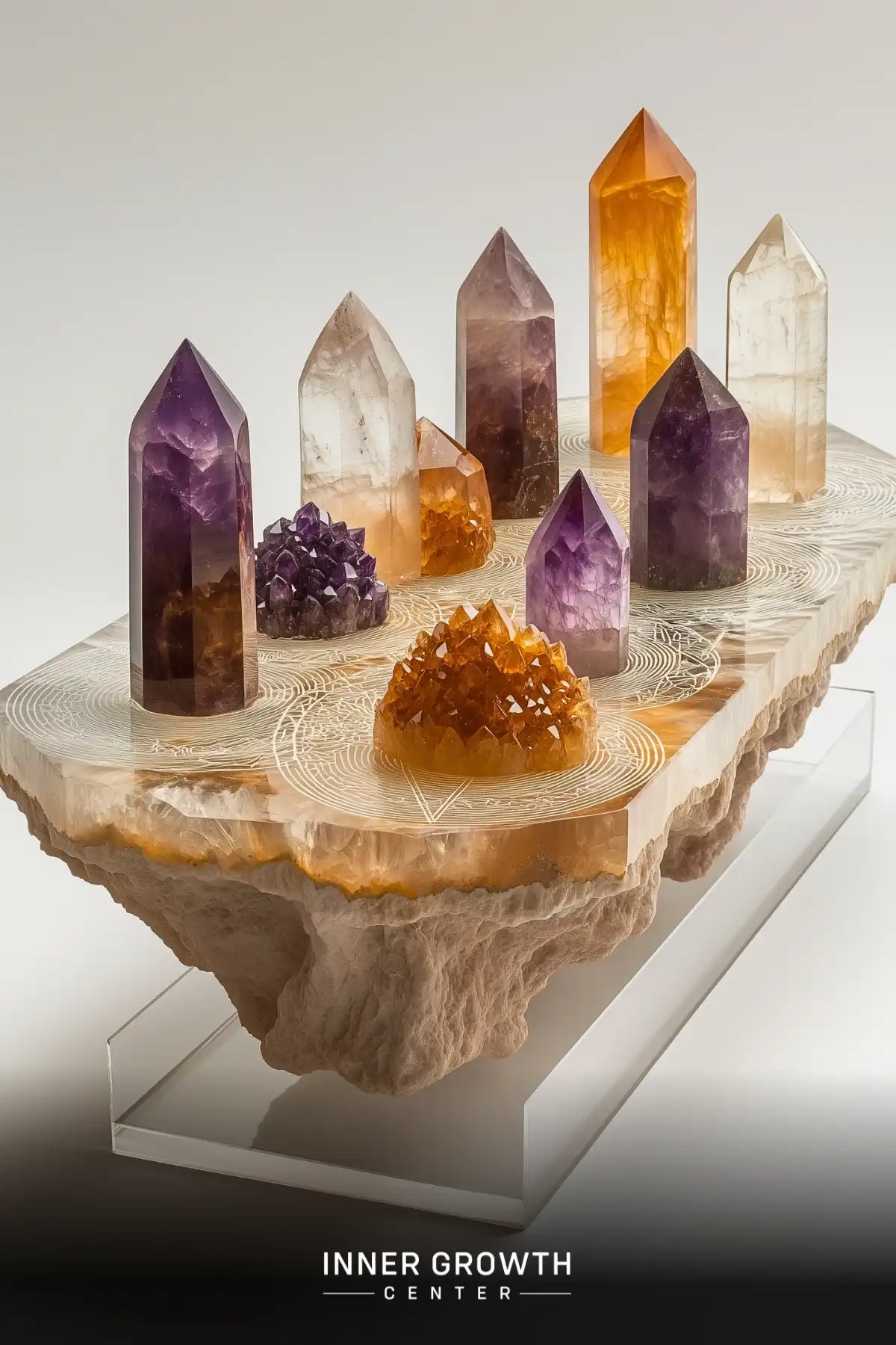 Polished stone slab with arranged crystal towers and clusters forming a mandala