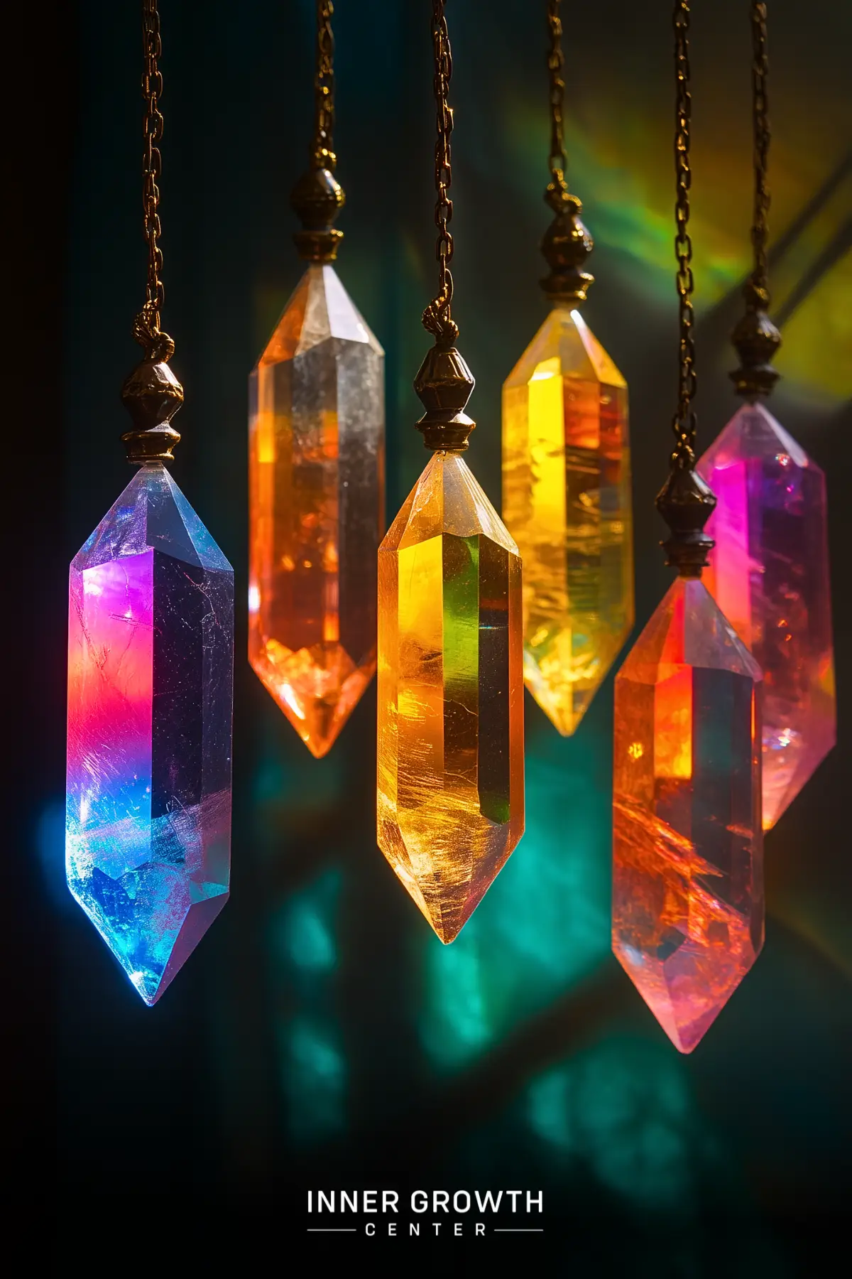 Illuminated crystal pendulums in vibrant colors of blue, amber, and pink hang in a row, casting colorful light against a dark background