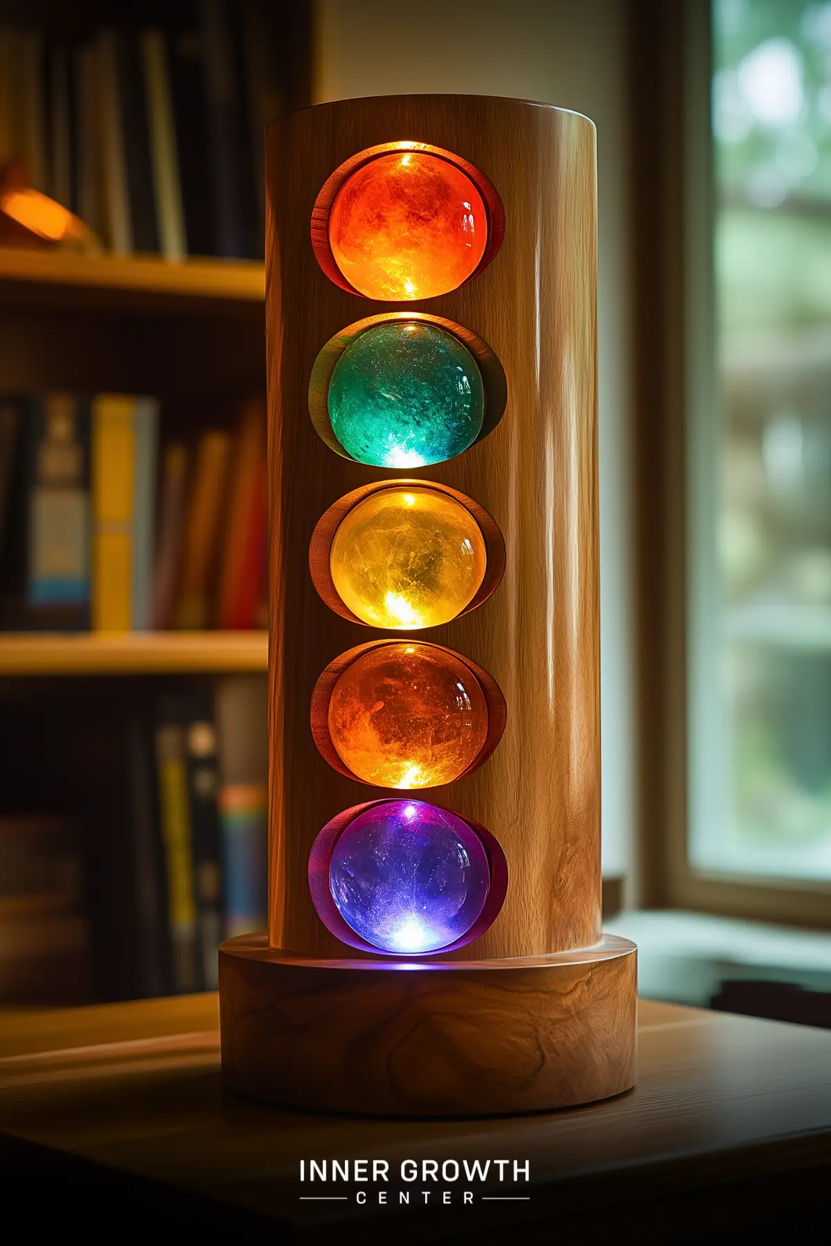 A wooden tower lamp featuring five illuminated crystal spheres in different colors arranged vertically, reminiscent of a traffic light design.