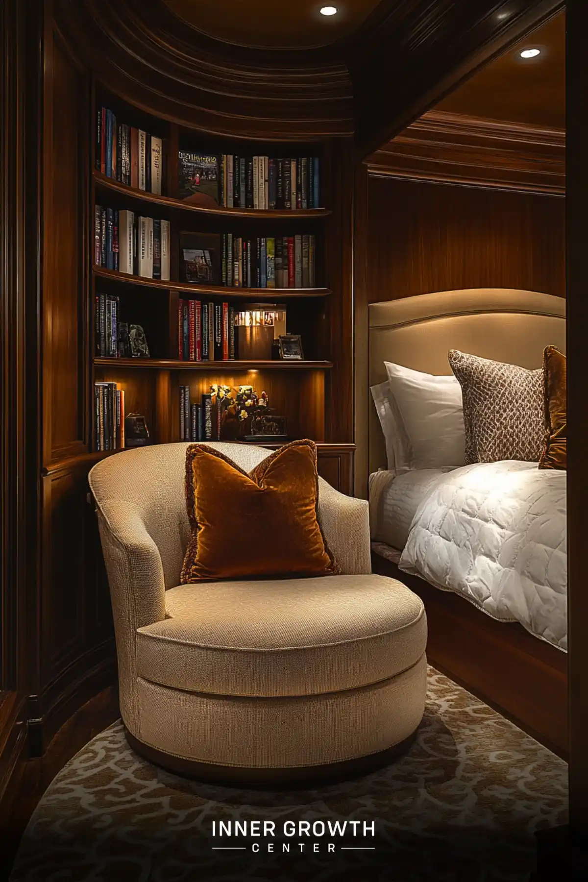 A cream swivel chair sits beneath curved mahogany bookshelves beside a built-in bed, featuring copper velvet pillows and ambient lighting.