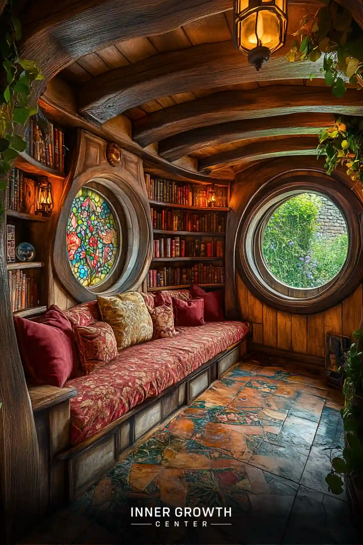 A cozy reading nook features curved wooden walls, round windows including a stained glass one, built-in bookshelves, and a cushioned bench with burgundy pillows.