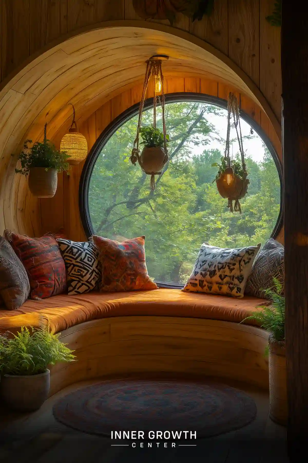 A rounded wooden alcove with a curved bench seat, tribal pattern pillows, hanging plants, and wicker pendant lights creates a cozy hobbit-inspired reading nook with forest views.