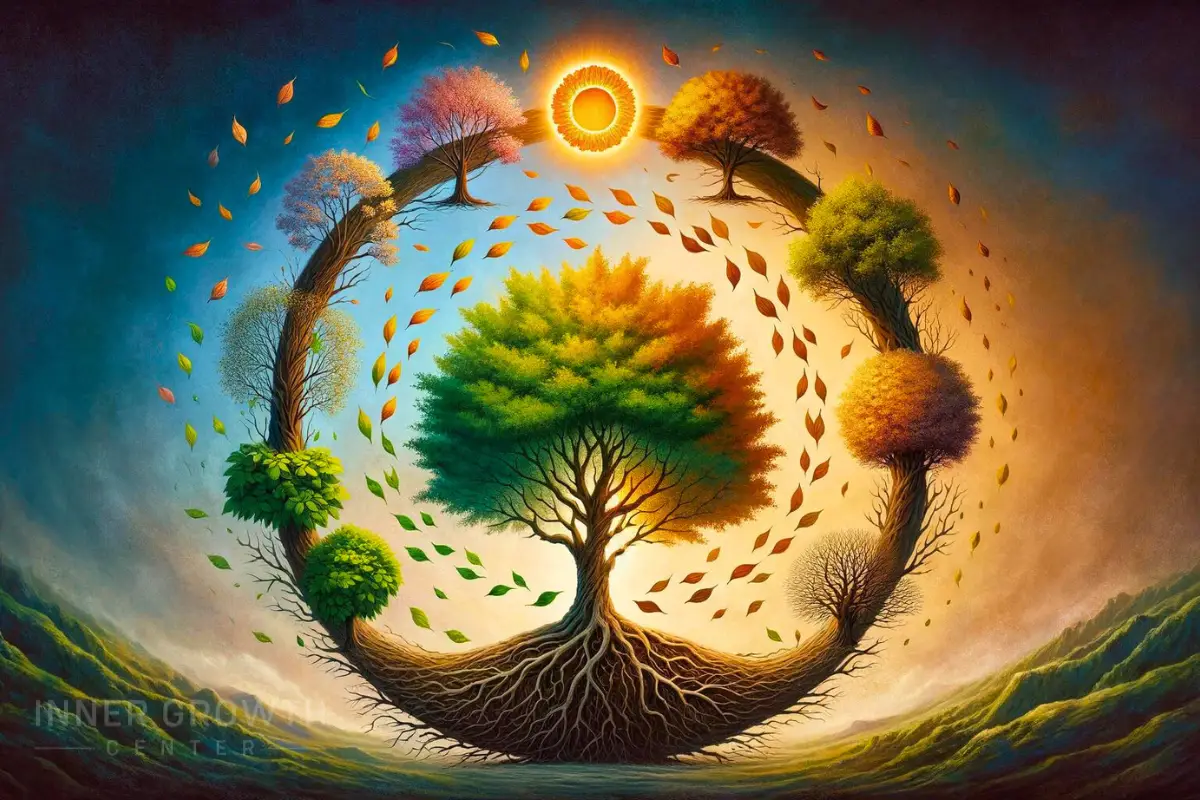 A tree grows through the cycles of seasons representing the cycle of inner growth