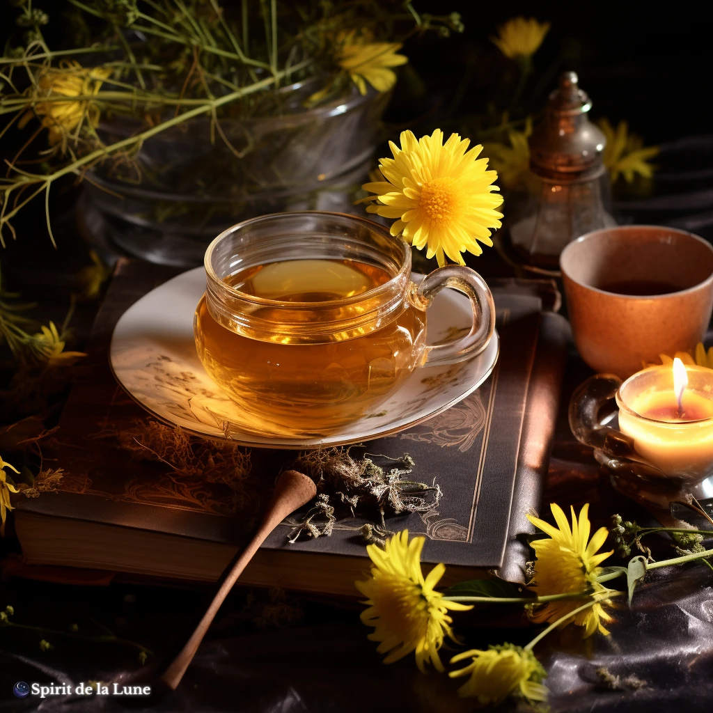 Dandelion tea leaf reading with a cup of tea, dandelion flowers and candles on a table.