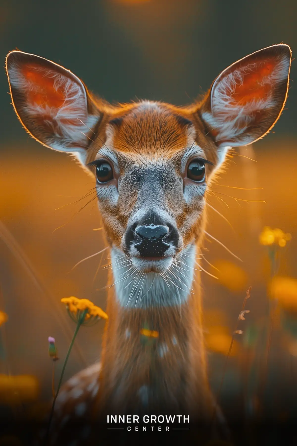 Close-up of a young deer's face with large ears and wide eyes, surrounded by yellow flowers.