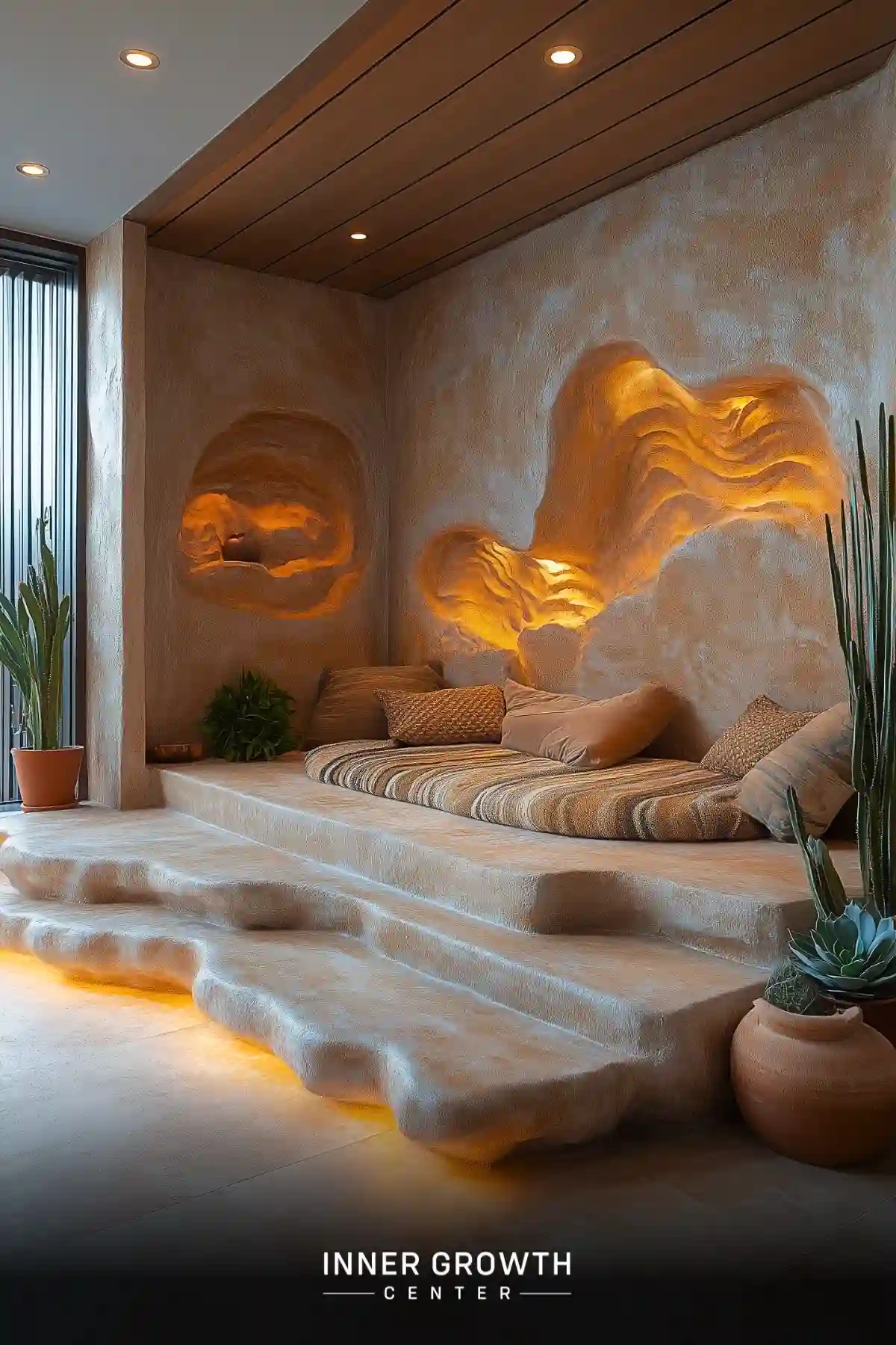 A cozy meditation space with organic-shaped walls, warm lighting, and a built-in seating area resembling a desert cave.