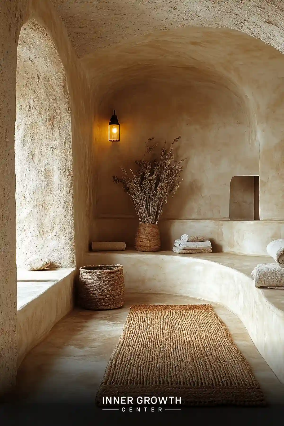 A serene meditation space with curved walls resembling a desert cave, featuring natural textures and warm lighting.