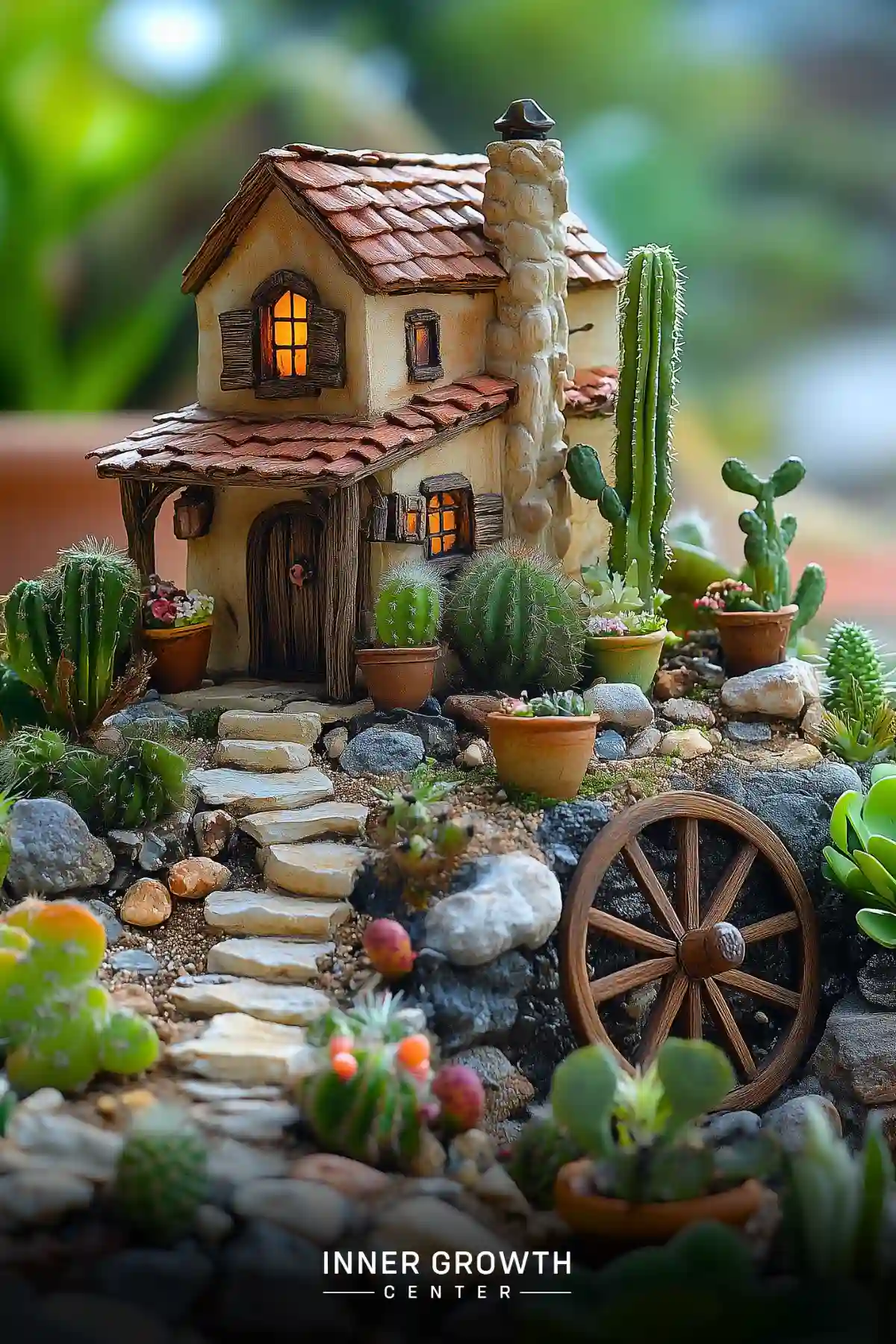 A miniature stucco cottage with terra cotta roof tiles surrounded by potted cacti, succulents, and a decorative wagon wheel along a stone pathway.