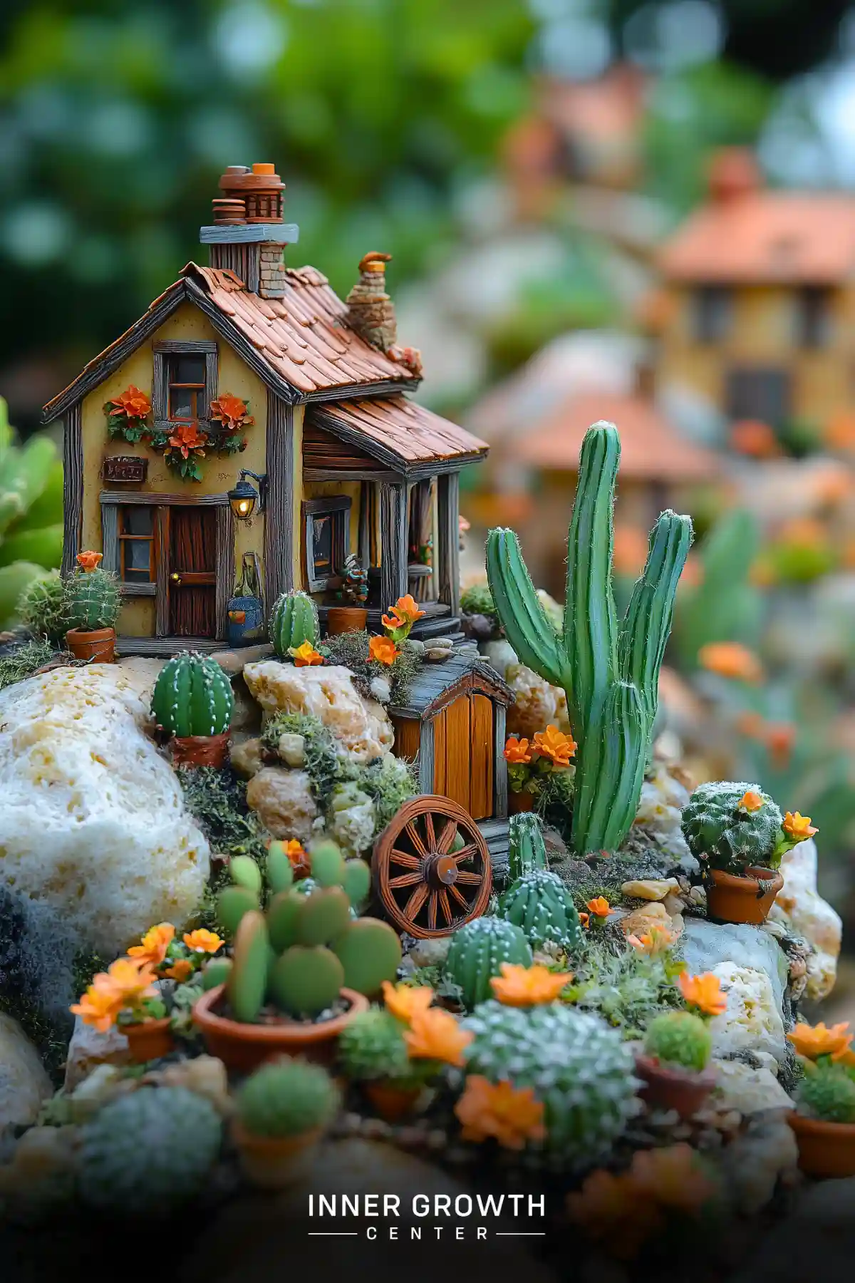 A miniature yellow cottage set among rocks with miniature cacti, orange blooms, and a decorative wagon wheel creating a desert garden scene.