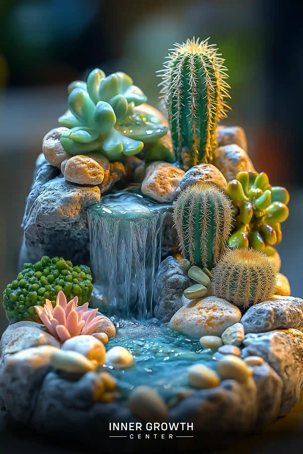 A miniature desert garden featuring a small waterfall surrounded by cacti, succulents, and smooth stones with warm sunlit highlights.