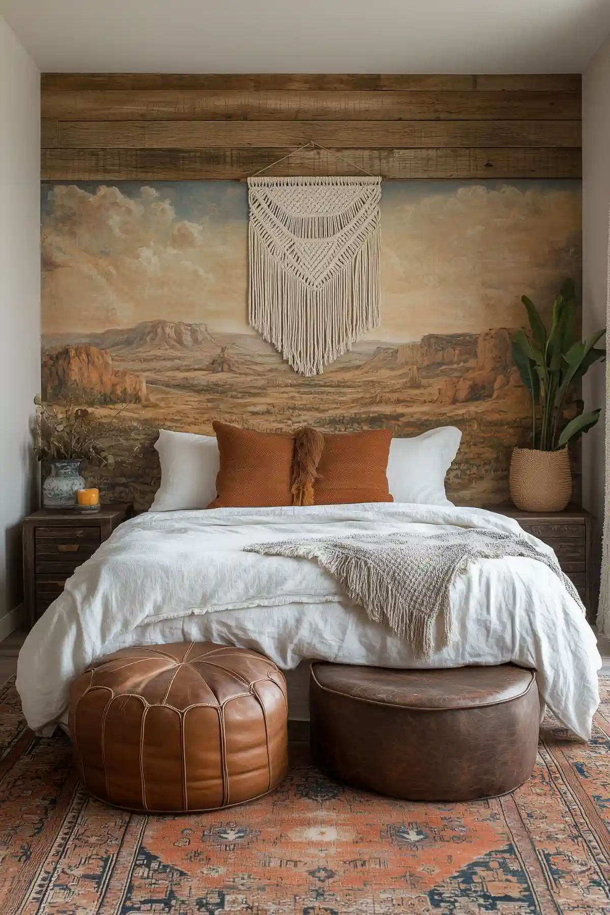 Rustic bedroom with desert landscape mural, macramé wall hanging, white bedding, and leather ottomans creating a serene meditation space.