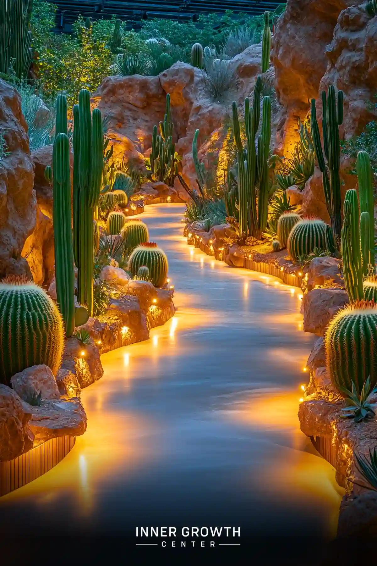 A winding illuminated path through a desert garden features towering cacti, dramatic rock formations, and warm lighting that creates a magical evening atmosphere.