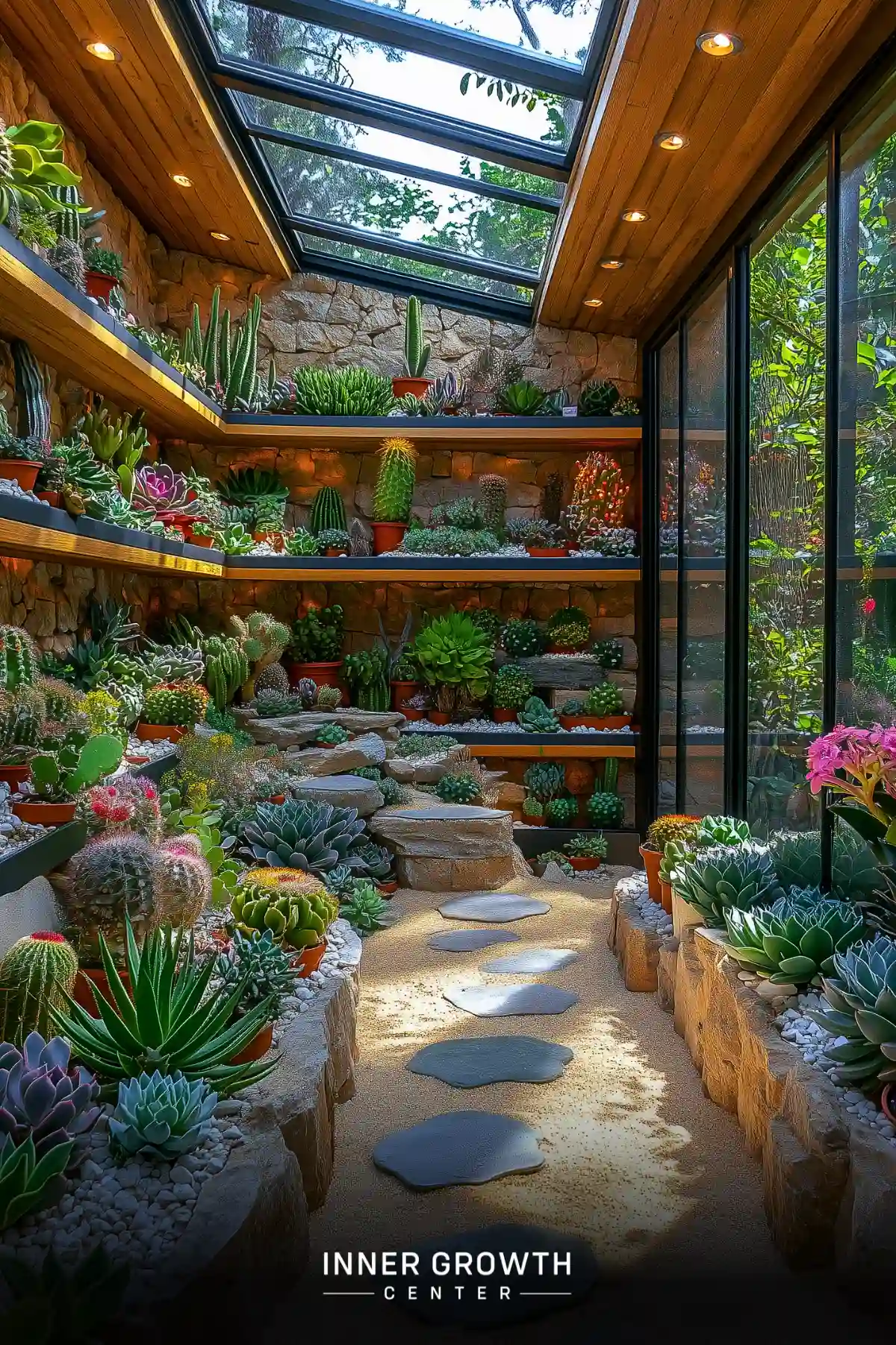 A glass-enclosed pathway lined with tiered succulent gardens, featuring stone steps through sand and diverse cacti and succulents.