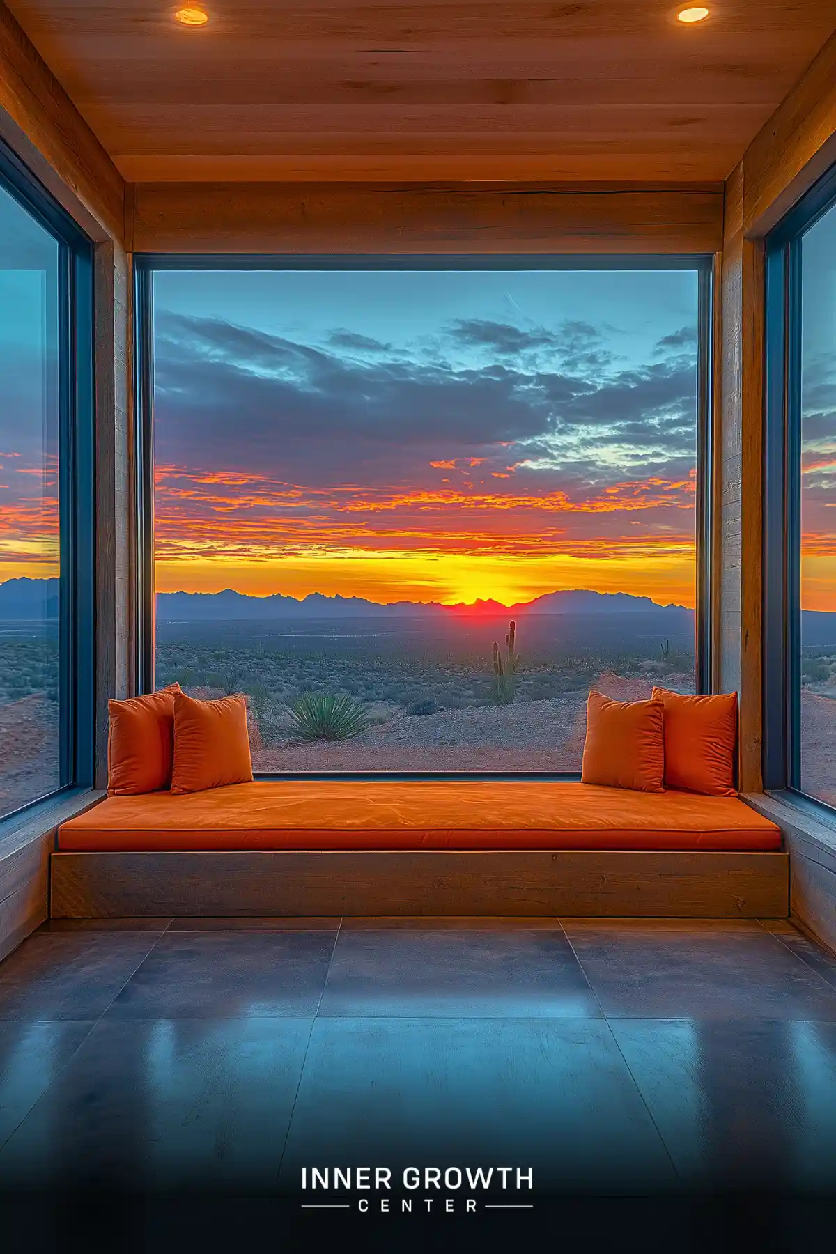 A modern meditation space with orange cushions offers panoramic views of a desert landscape with mountains, cacti and a dramatic sunset