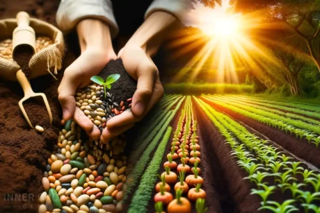 Dirt on the left, and a handful of seeds in the middle, and a bountiful harvest on the right symbolising the compensation of the effort.