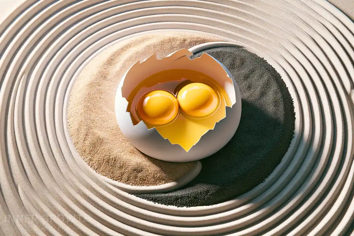 An egg with double yolks sits with in divine circle pattern.