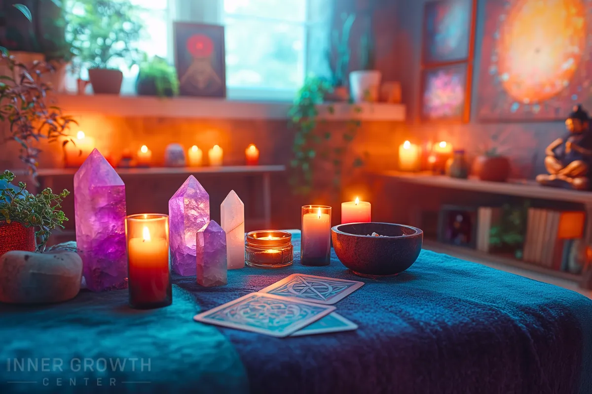 Candles and crystals with a backdrop of different altars.