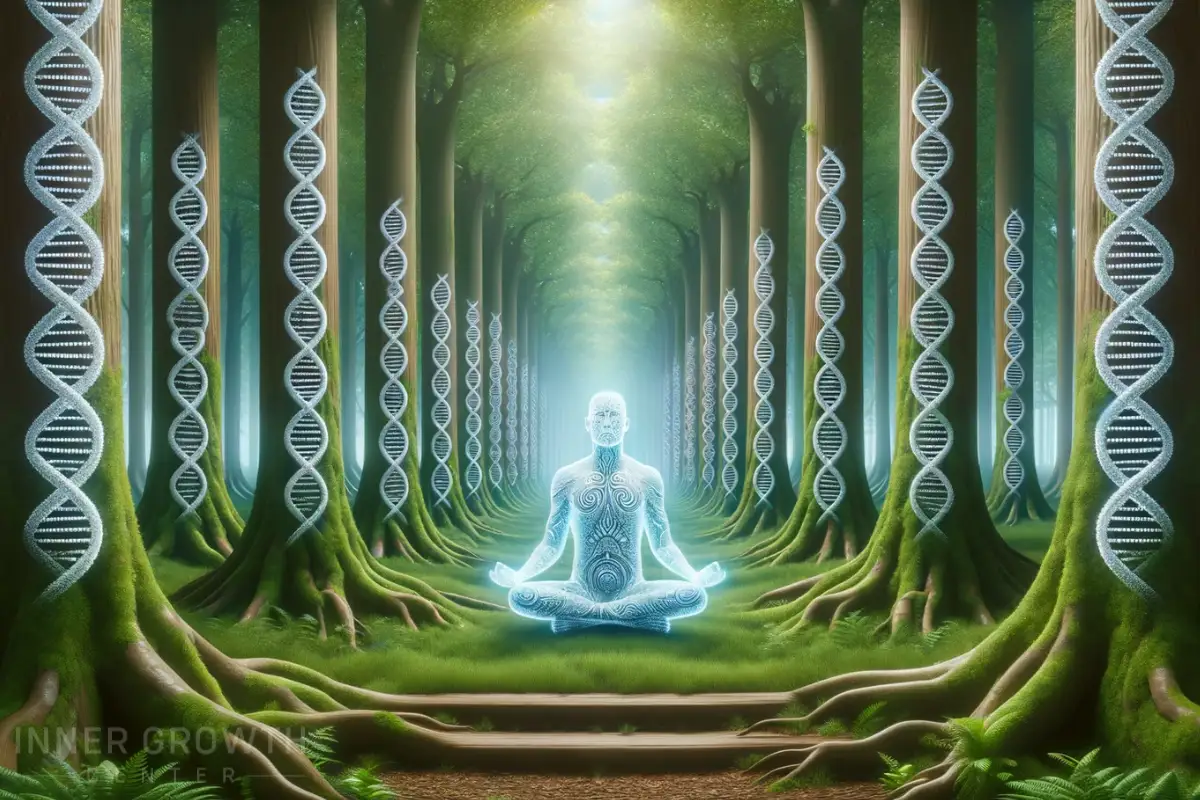 A spiritual being in the forest with DNA on trees.