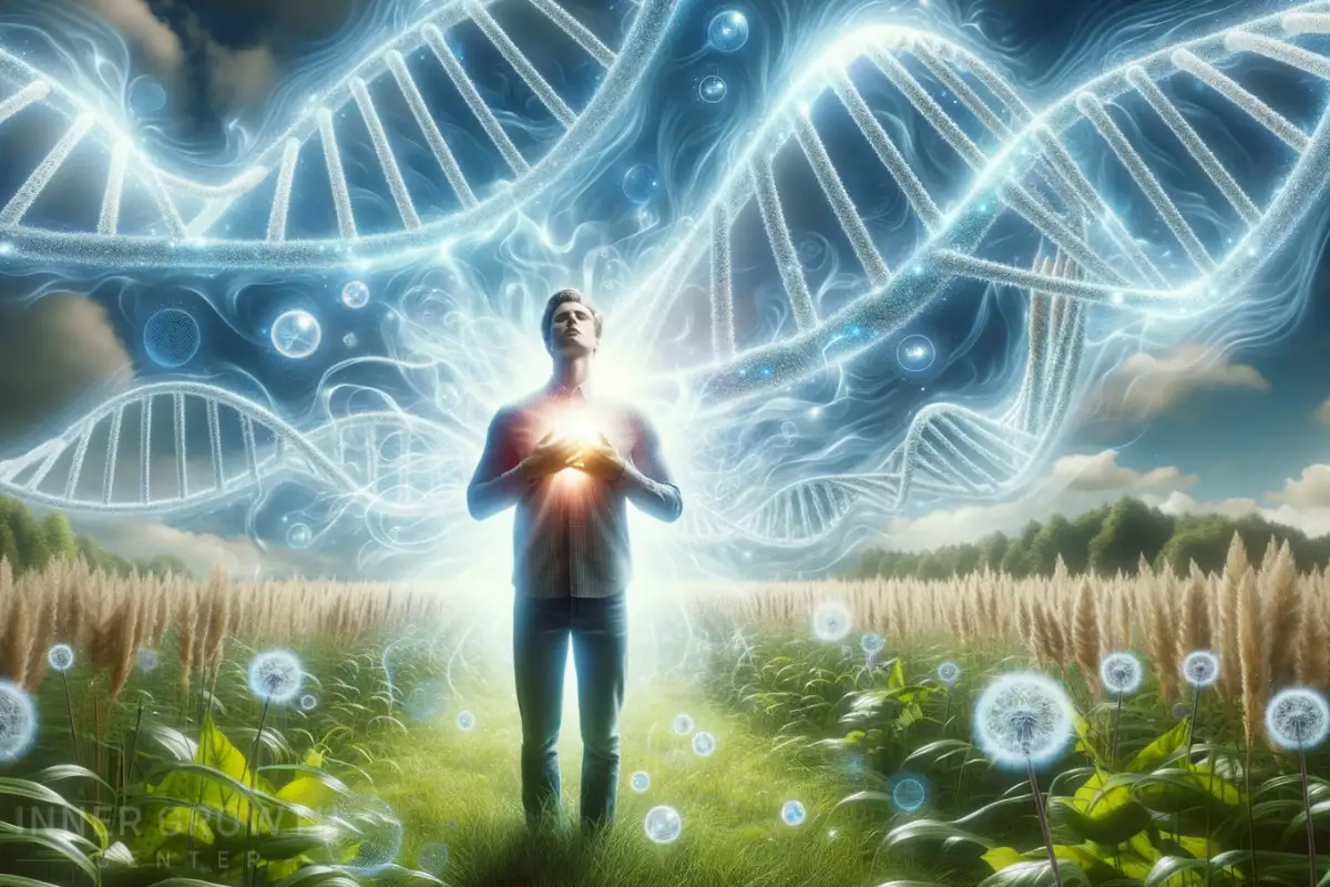 A man in a field experiencing DNA symptoms and light from his chest.