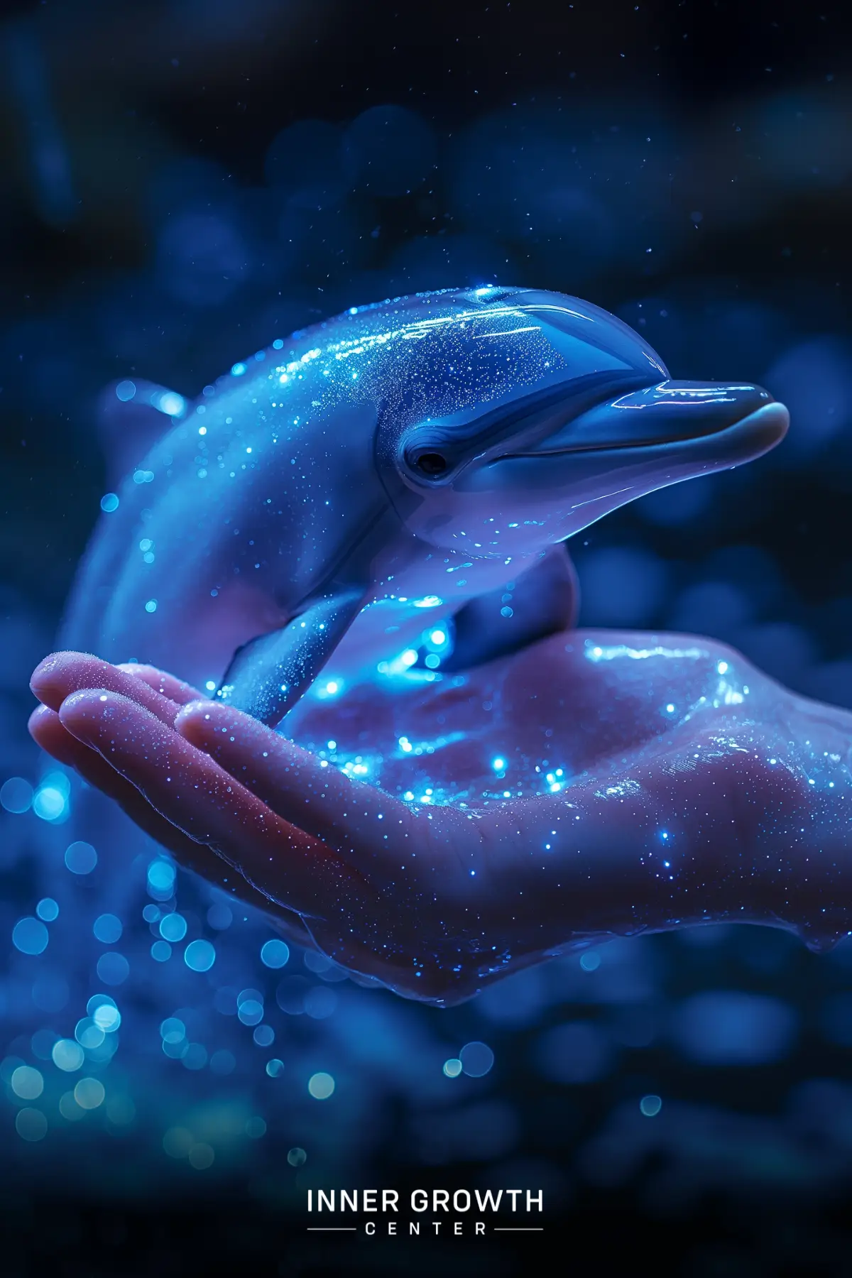 A glowing blue dolphin resting on a human hand, surrounded by sparkling lights in a dark underwater setting.