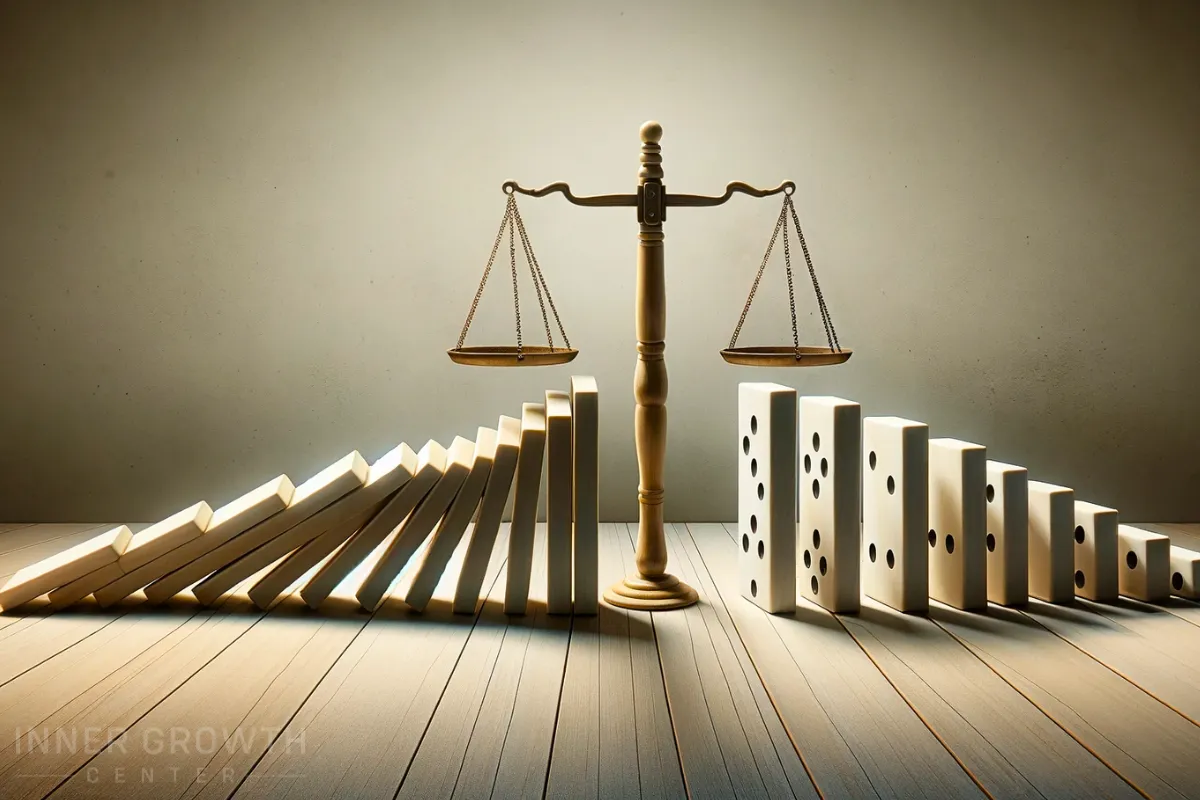 A contrast between a domino effect (Cause and Effect) and a balanced scale (Compensation), highlighting their differences.