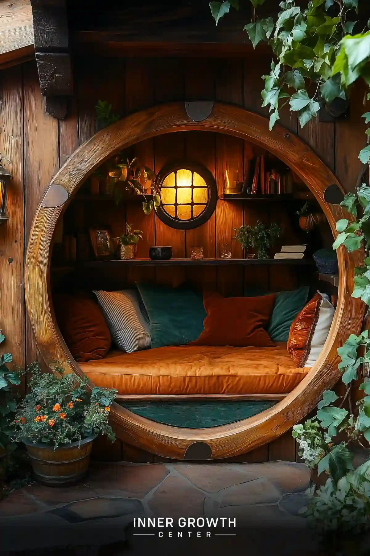 A wooden reading nook features two circular frames - a large entrance arch and a smaller backlit window, with leather cushioning, velvet pillows, and climbing ivy plants.