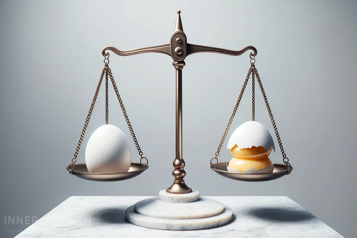 A double egg yolk being balanced against another egg on scales.