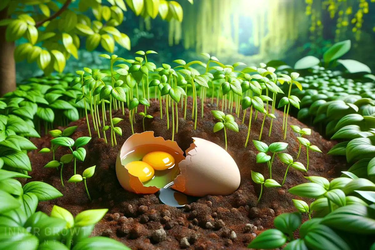 A double yolk egg surrounded by growing plants.