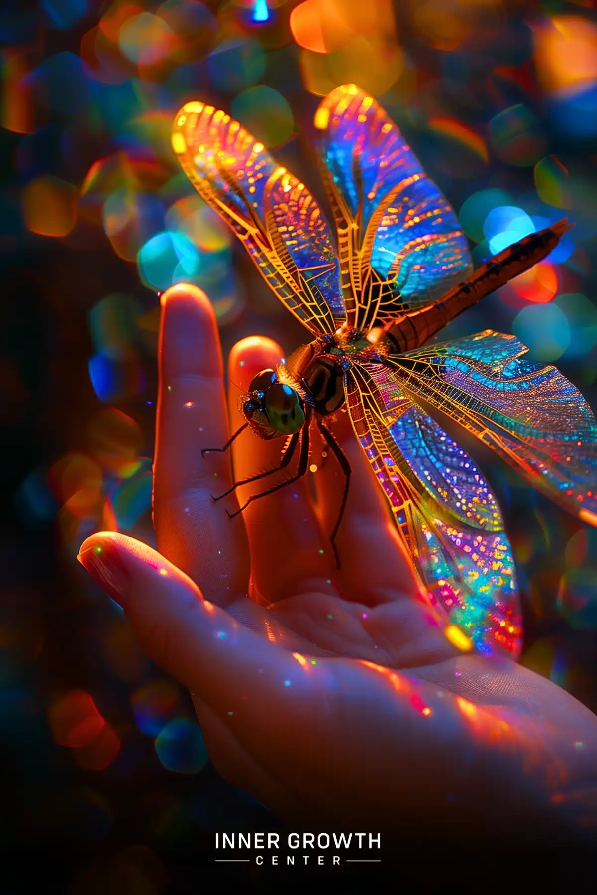 A colorful dragonfly resting on a hand against a blurred background of vibrant lights.