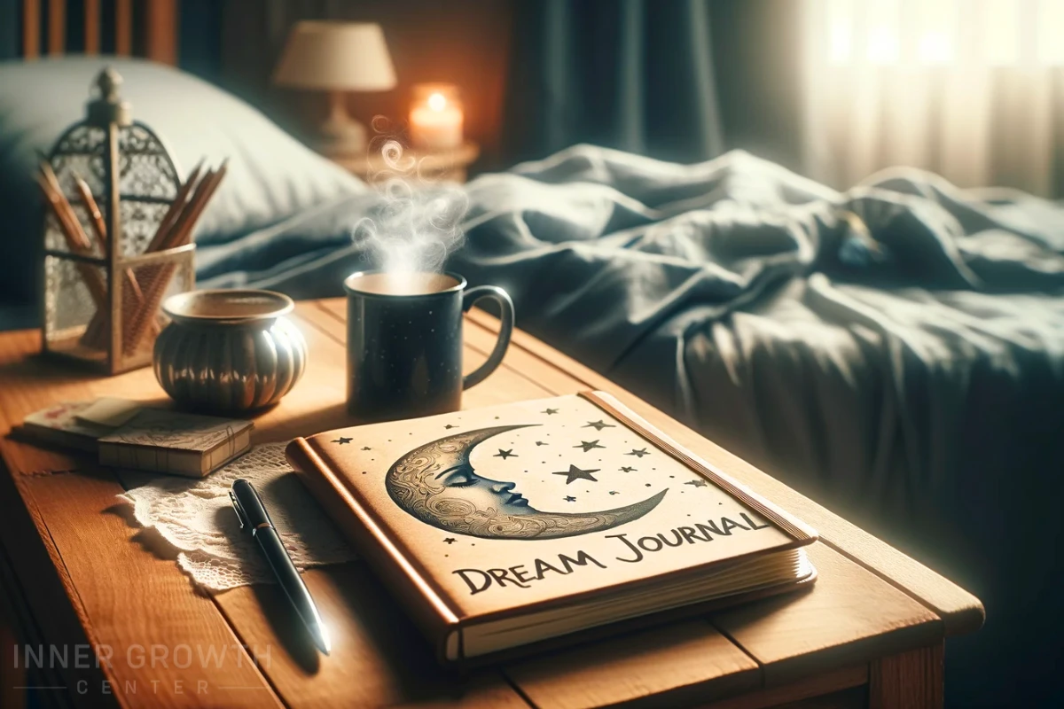 A dream journal sits on a bedside table.