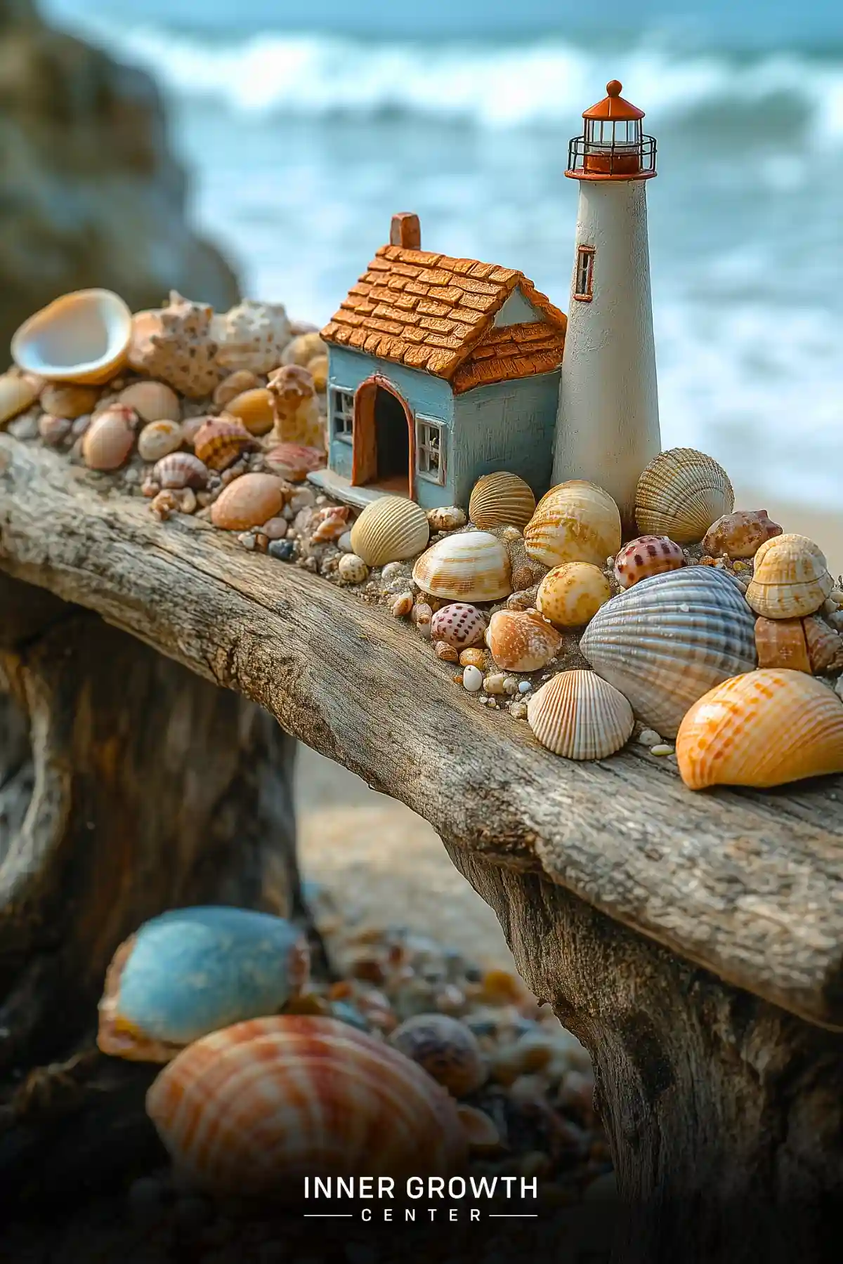 A miniature coastal scene with a white lighthouse and blue cottage perched on weathered driftwood, surrounded by seashells against a misty ocean backdrop.