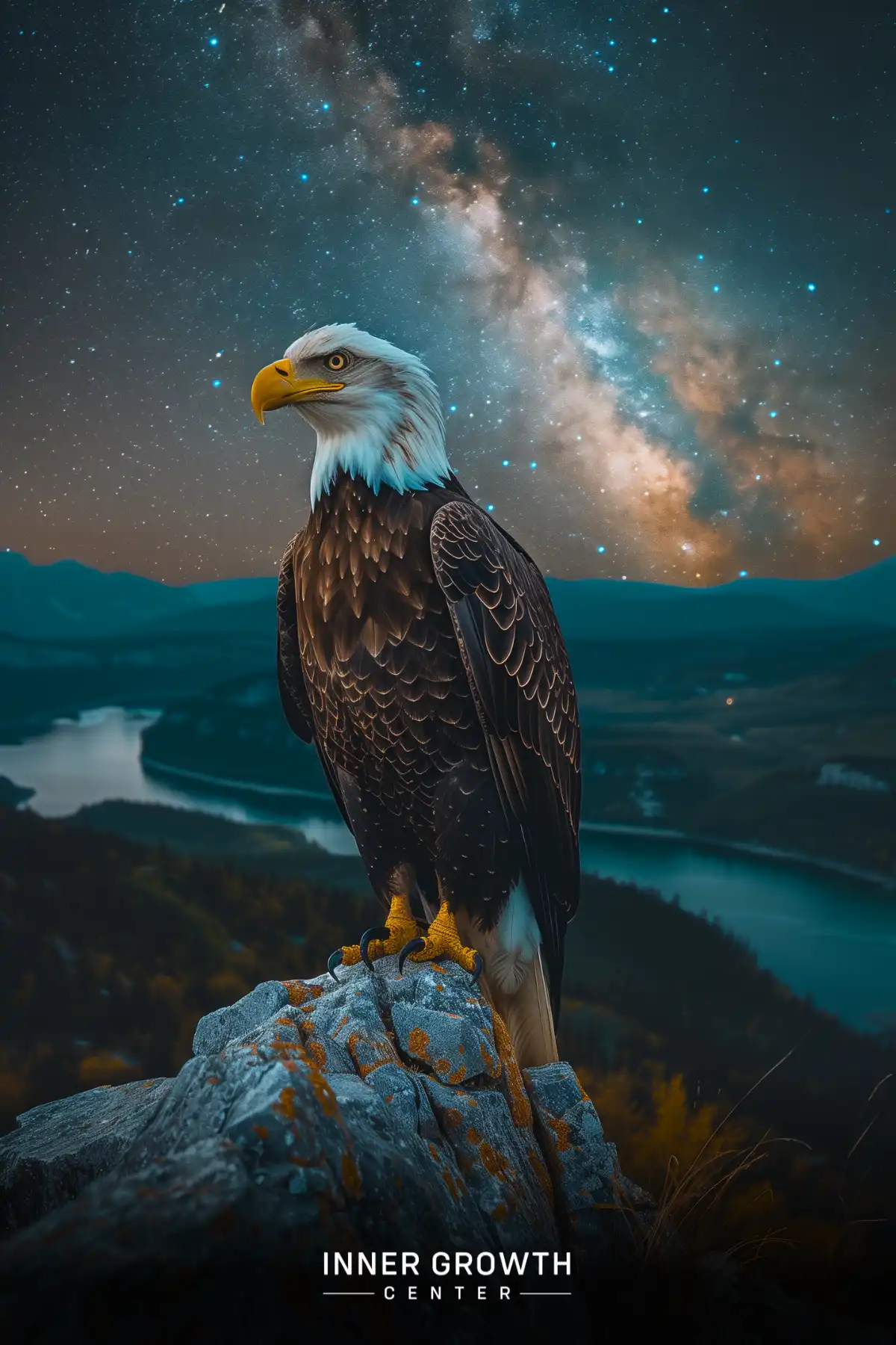 Majestic bald eagle perched on a rock overlooking a landscape under a starry night sky.