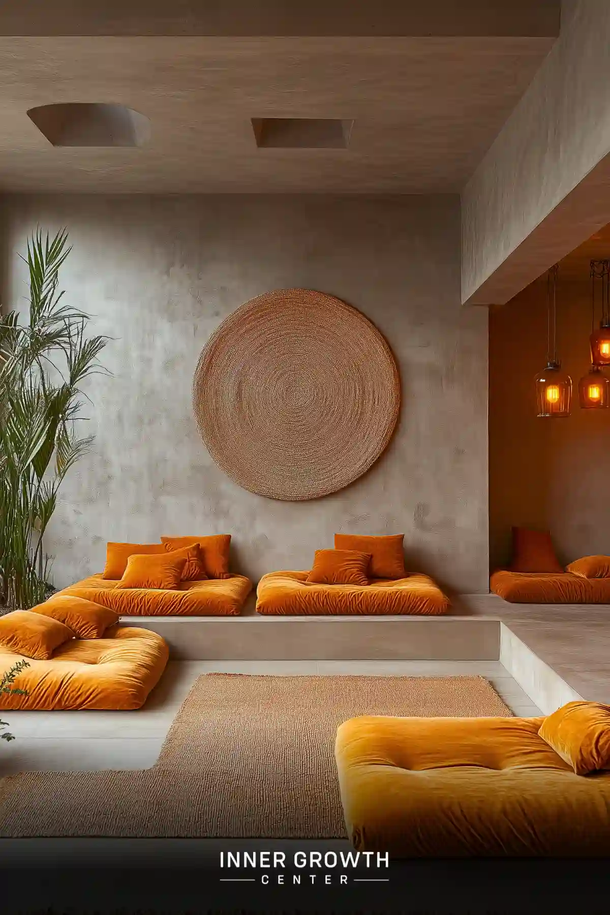 A minimalist meditation room with orange cushions, circular woven wall art, and warm lighting.